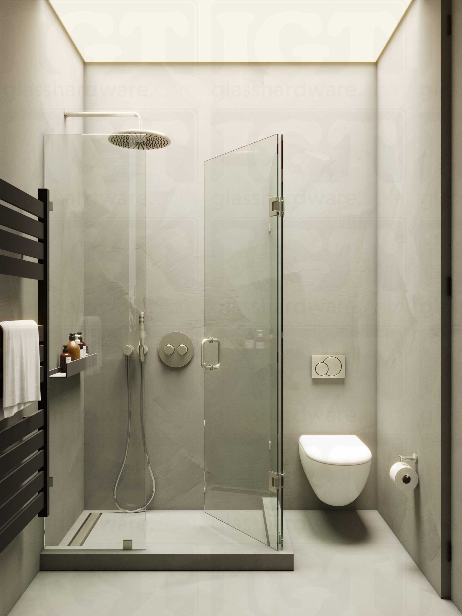 A modern bathroom with a frameless glass shower enclosure featuring the 6" Round Pull Handle, Brushed Nickel