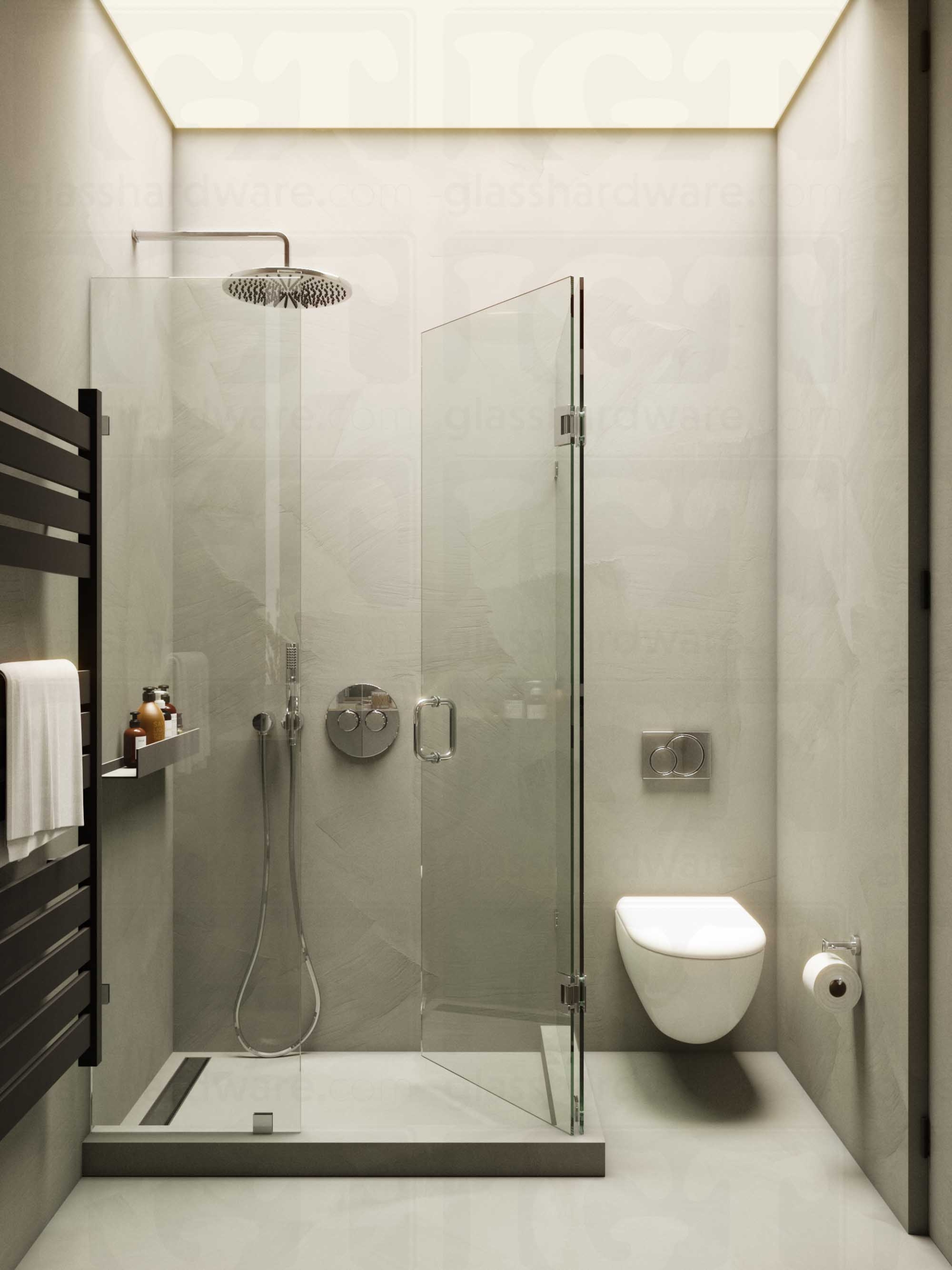 A modern bathroom with a frameless glass shower enclosure featuring the 6" Round Pull Handle, Chrome Polished