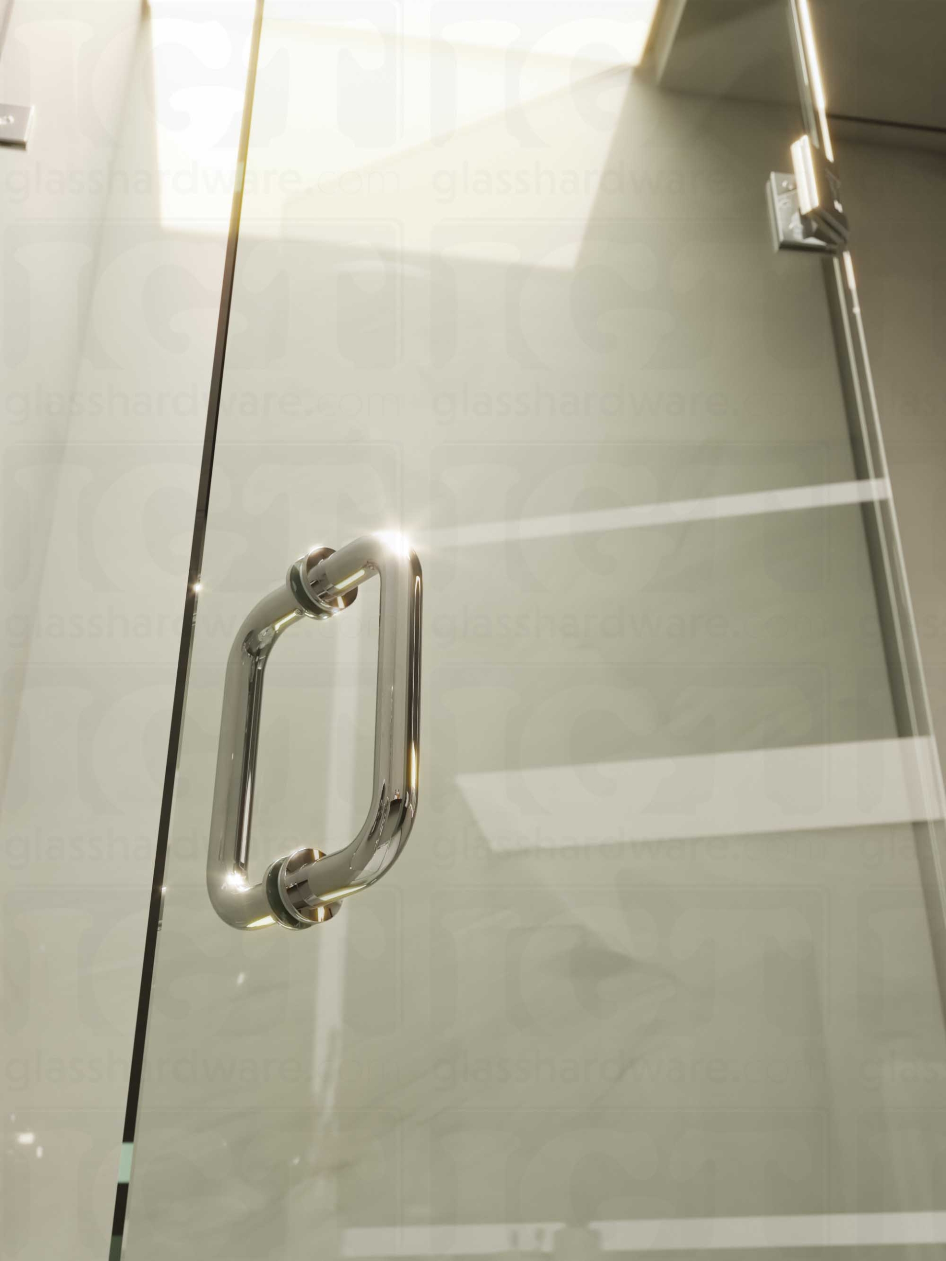 A close-up of the 6" Round Pull Handle installed on a frameless glass shower door, showcasing it's 304 Stainless Steel construction. Chrome Polished.