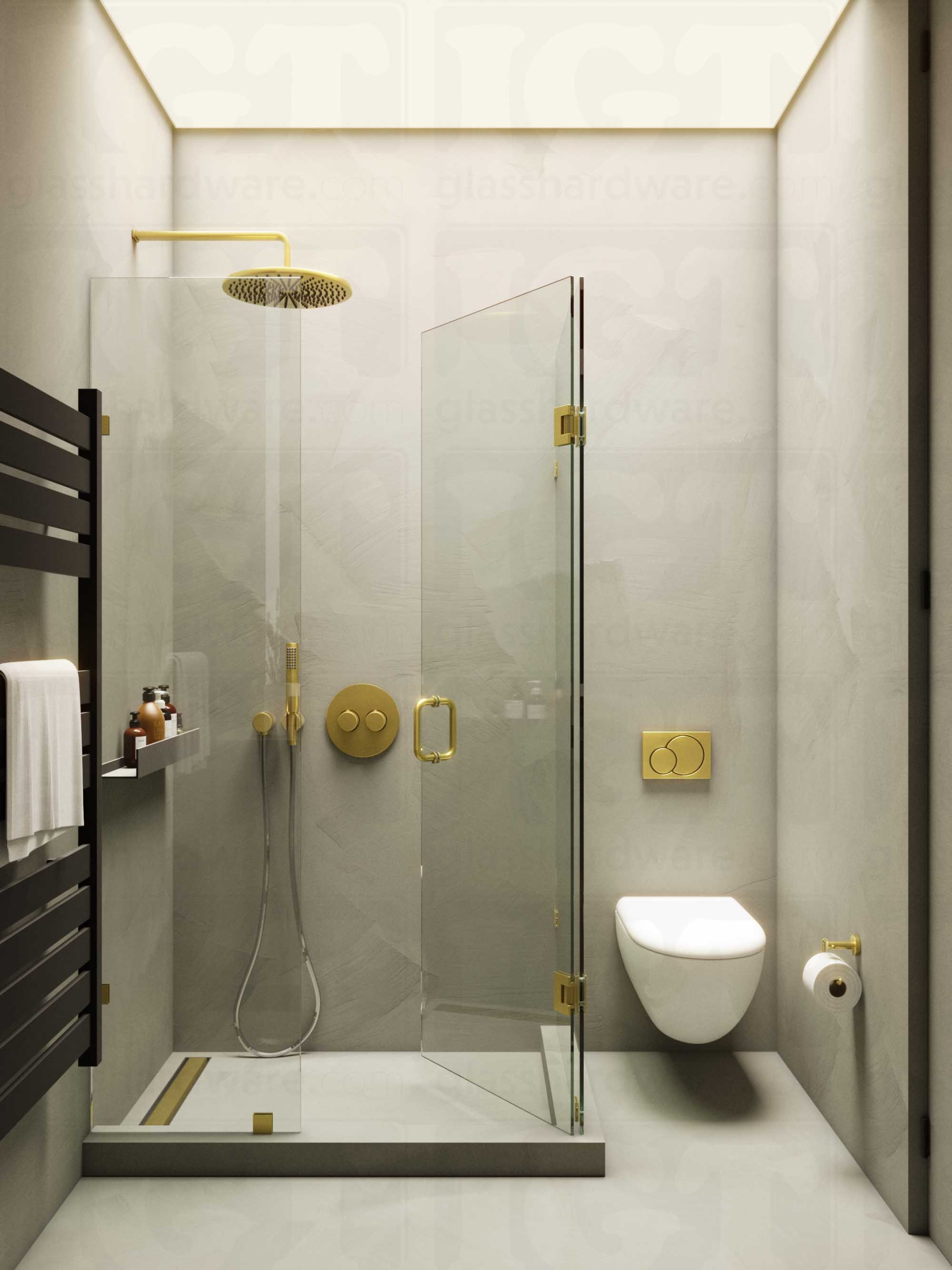 A modern bathroom with a frameless glass shower enclosure featuring the 6" Round Pull Handle, Gold Brushed