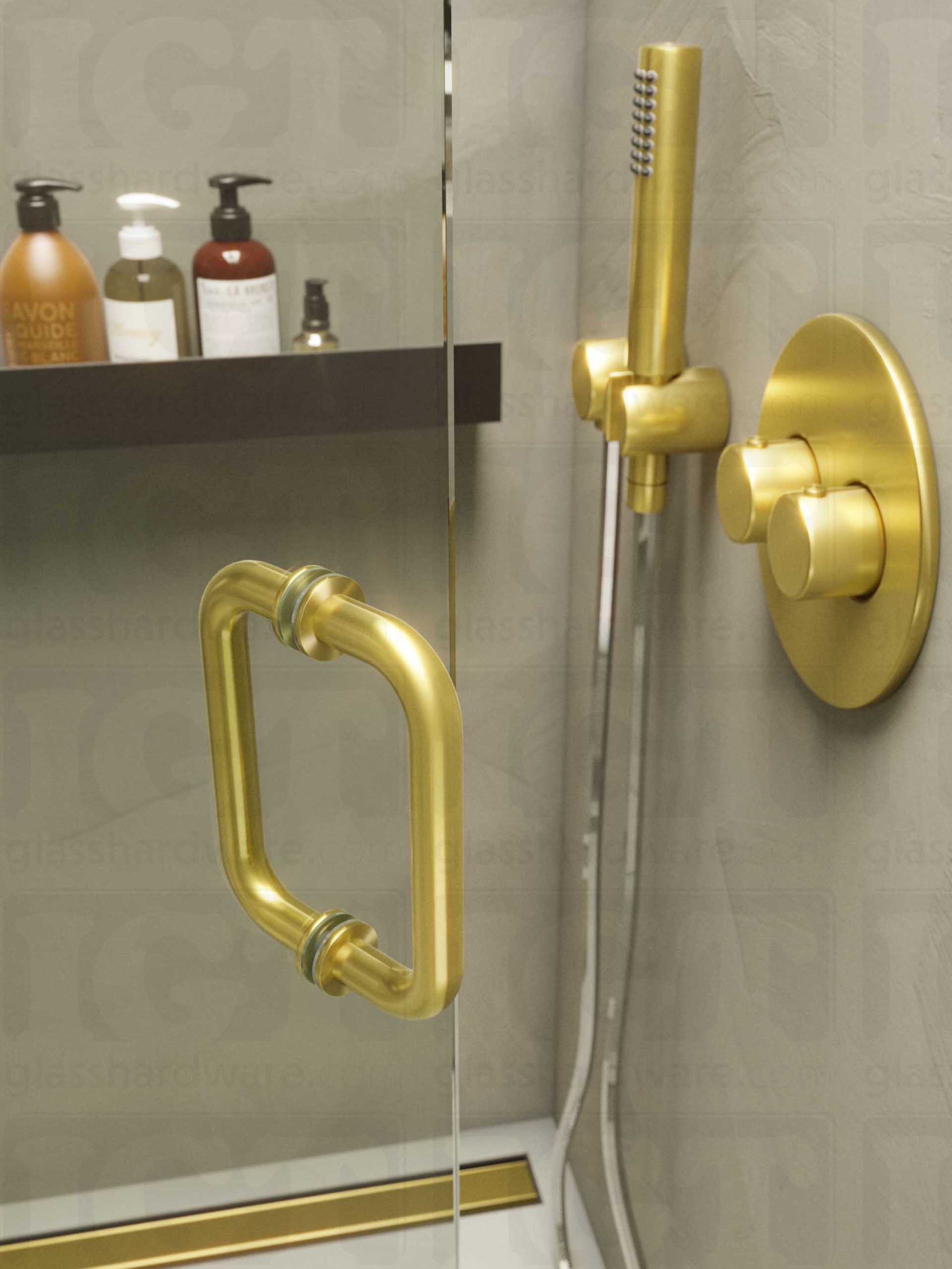 A close-up of the 6" Round Pull Handle installed on a frameless glass shower door, showcasing its back-to-back design. Gold Brushed.