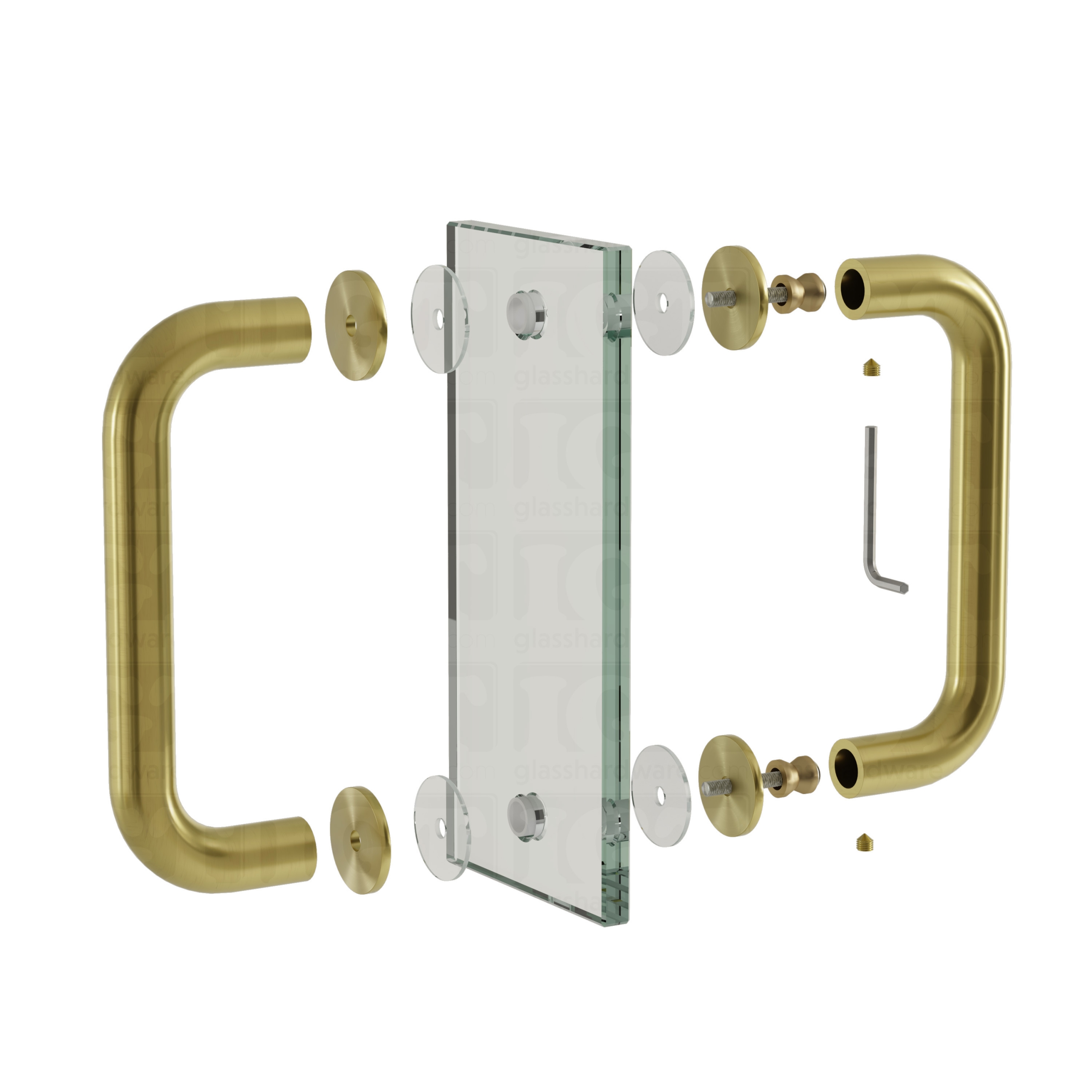 An exploded view of a 6" Round Pull Handle assembly, showing its handles and screws being fixed to a glass panel. Gold Brushed.