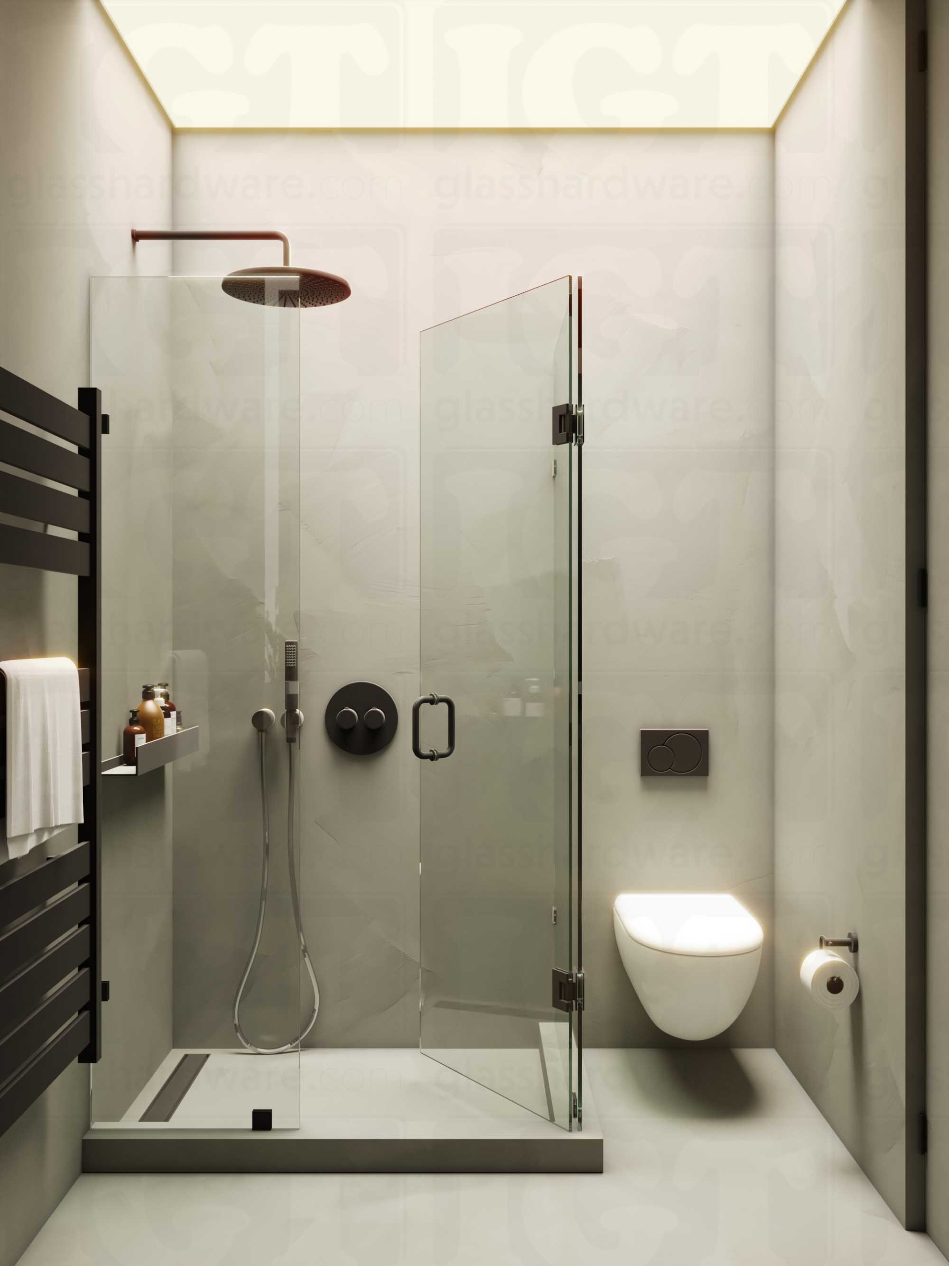 A modern bathroom with a frameless glass shower enclosure featuring the 6" Round Pull Handle, Matte Black