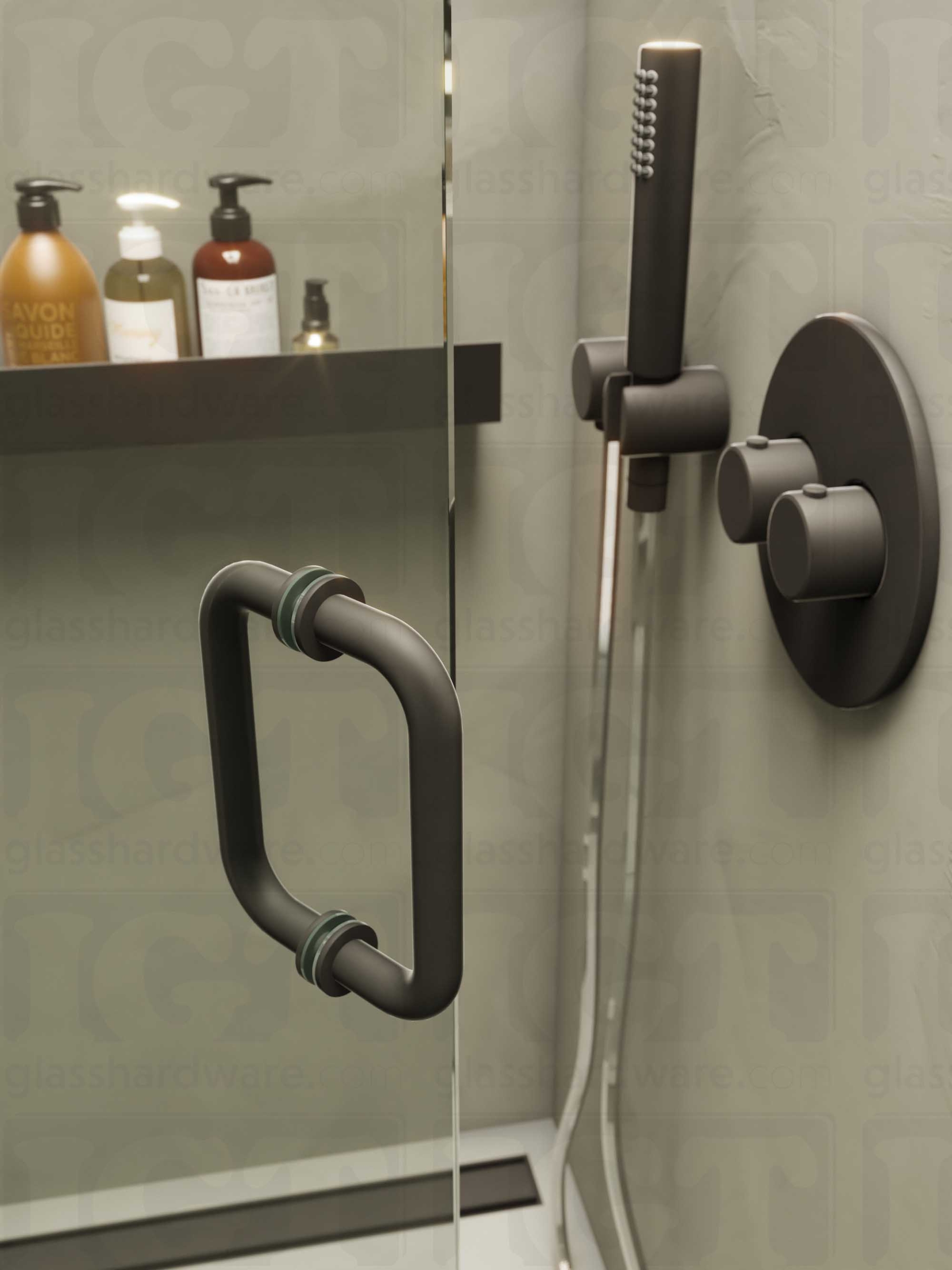 A close-up of the 6" Round Pull Handle installed on a frameless glass shower door, showcasing its back-to-back design. Matte Black.