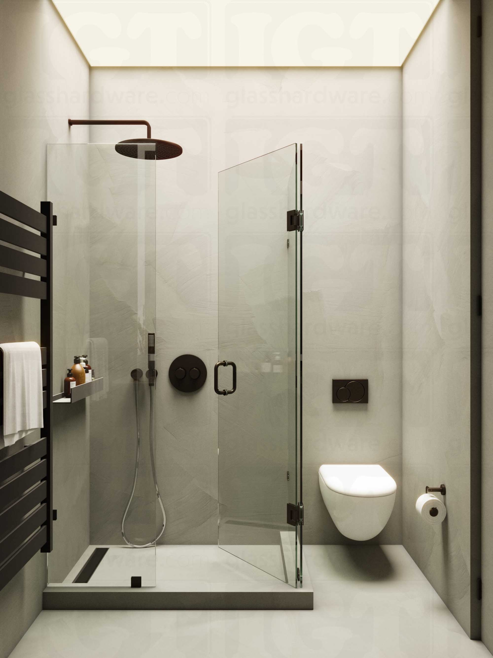 A modern bathroom with a frameless glass shower enclosure featuring the 6" Round Pull Handle, Oil Rubbed Bronze