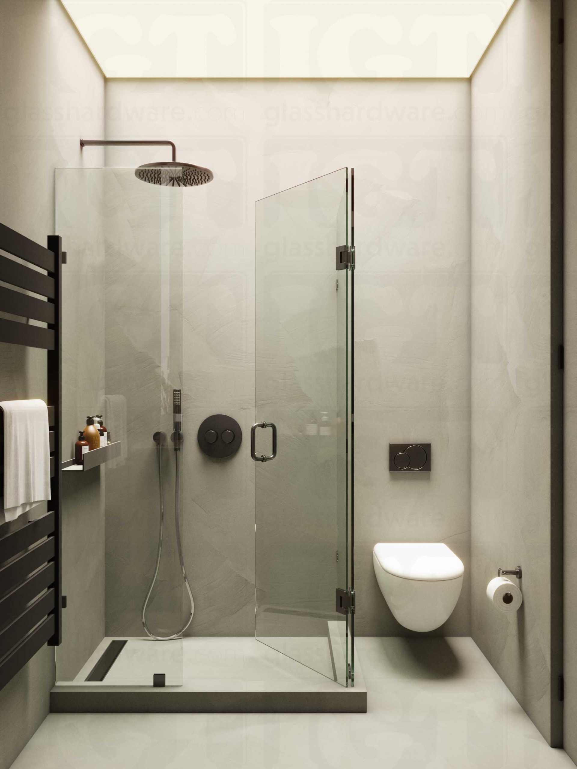 A modern bathroom with a frameless glass shower enclosure featuring the 6" Round Pull Handle, Polished Gun Metal