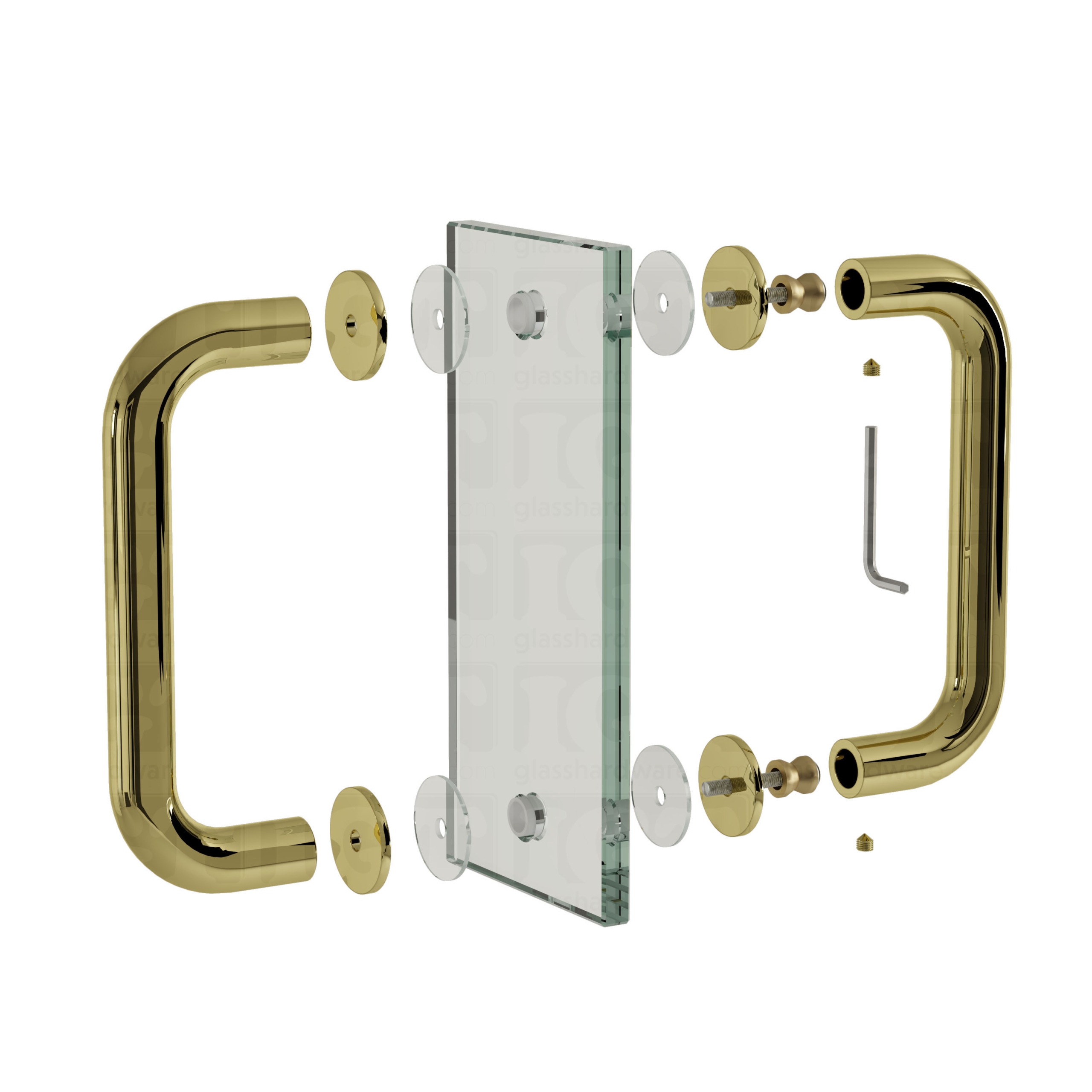 An exploded view of a 6" Round Pull Handle assembly, showing its handles and screws being fixed to a glass panel. Polished Brass.