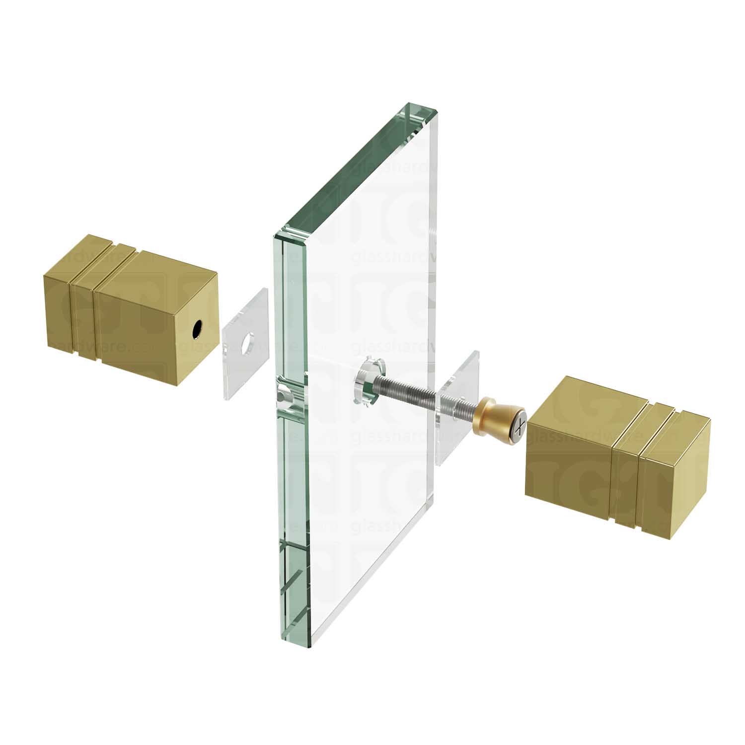 An exploded view of a Square Back-to-Back Door Knob assembly. The image shows its knobs, clear gaskets, and screw being fitted onto a glass panel. Gold Brushed.