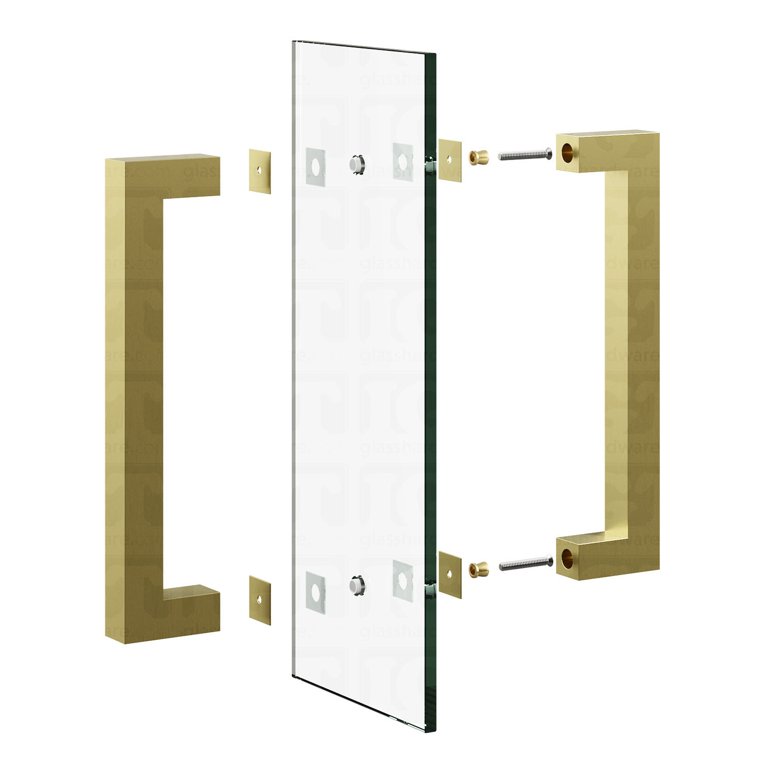 An exploded view of a 12" Back-to-Back Square Pull Handle assembly. Gold Brushed.