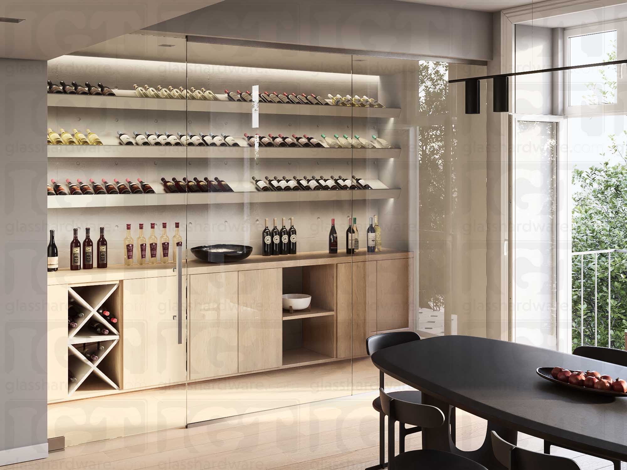 A wine storage room enclosed by a glass door partition with a ladder style handle. Brushed Stainless.