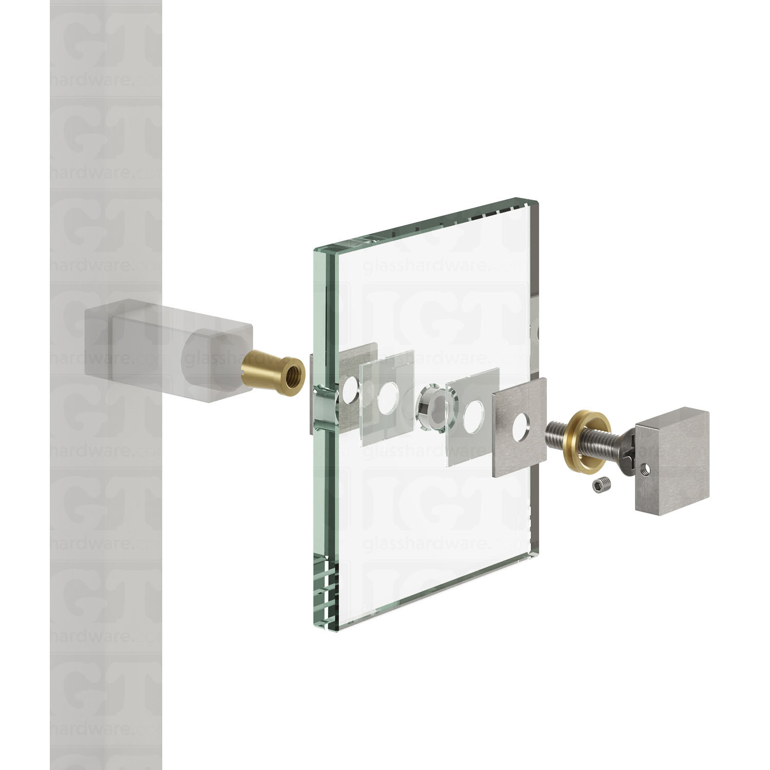 Exploded view of the Cap Fitting for Square Commercial Ladder Handle assembly. The image shows the products components being installed onto a glass panel. Brushed Stainless.