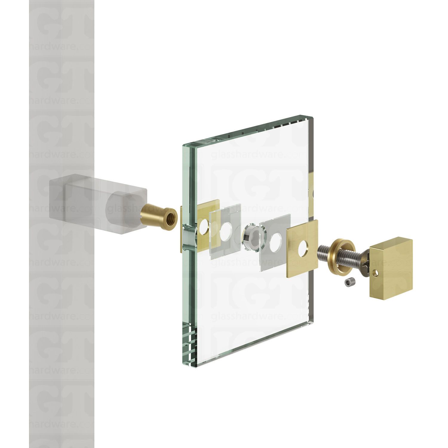 Exploded view of the Cap Fitting for Square Commercial Ladder Handle assembly. The image shows the products components being installed onto a glass panel. Gold Brushed.