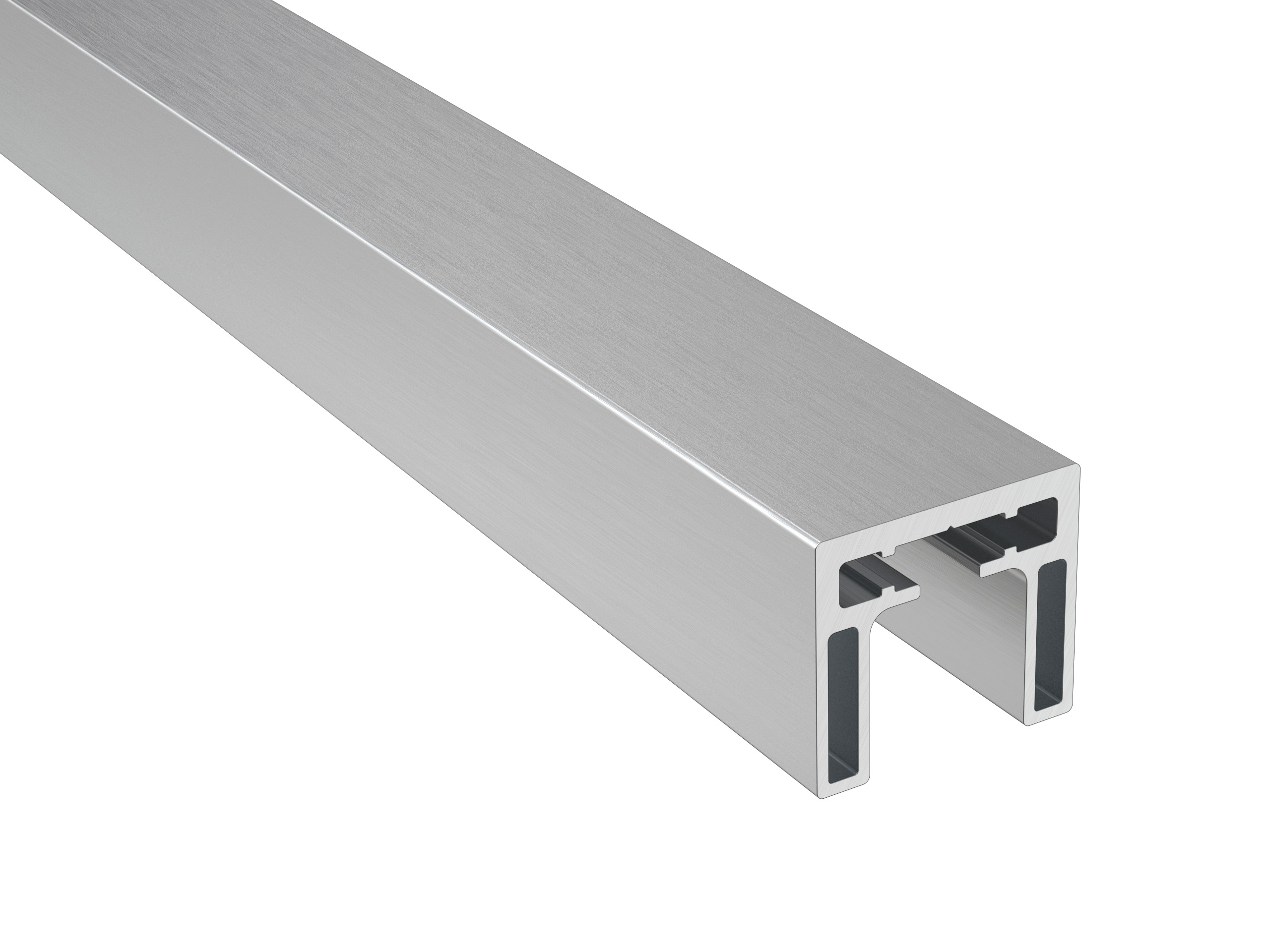 The 228″ Square Aluminum Cap Rail in Brushed Anodized Silver.
