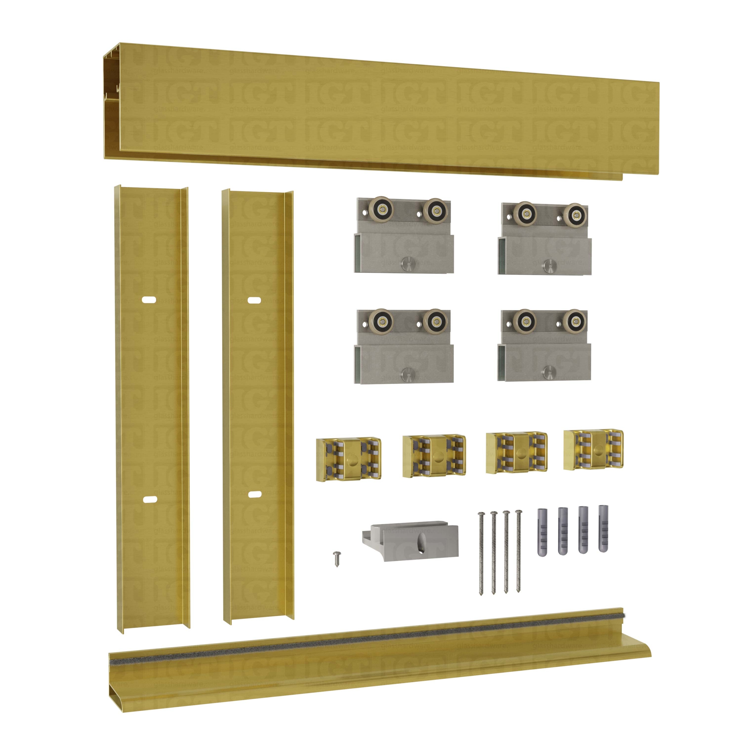 The 62″ W x 76″ H Bypass System in Gold Brushed.