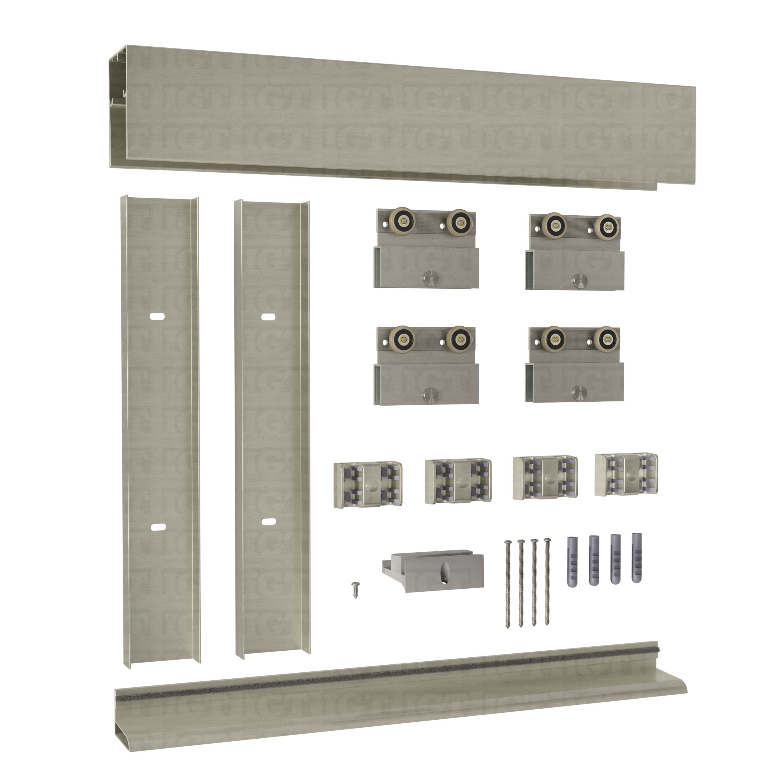 The 72″ W x 80″ H Bypass System in Brushed Nickel.