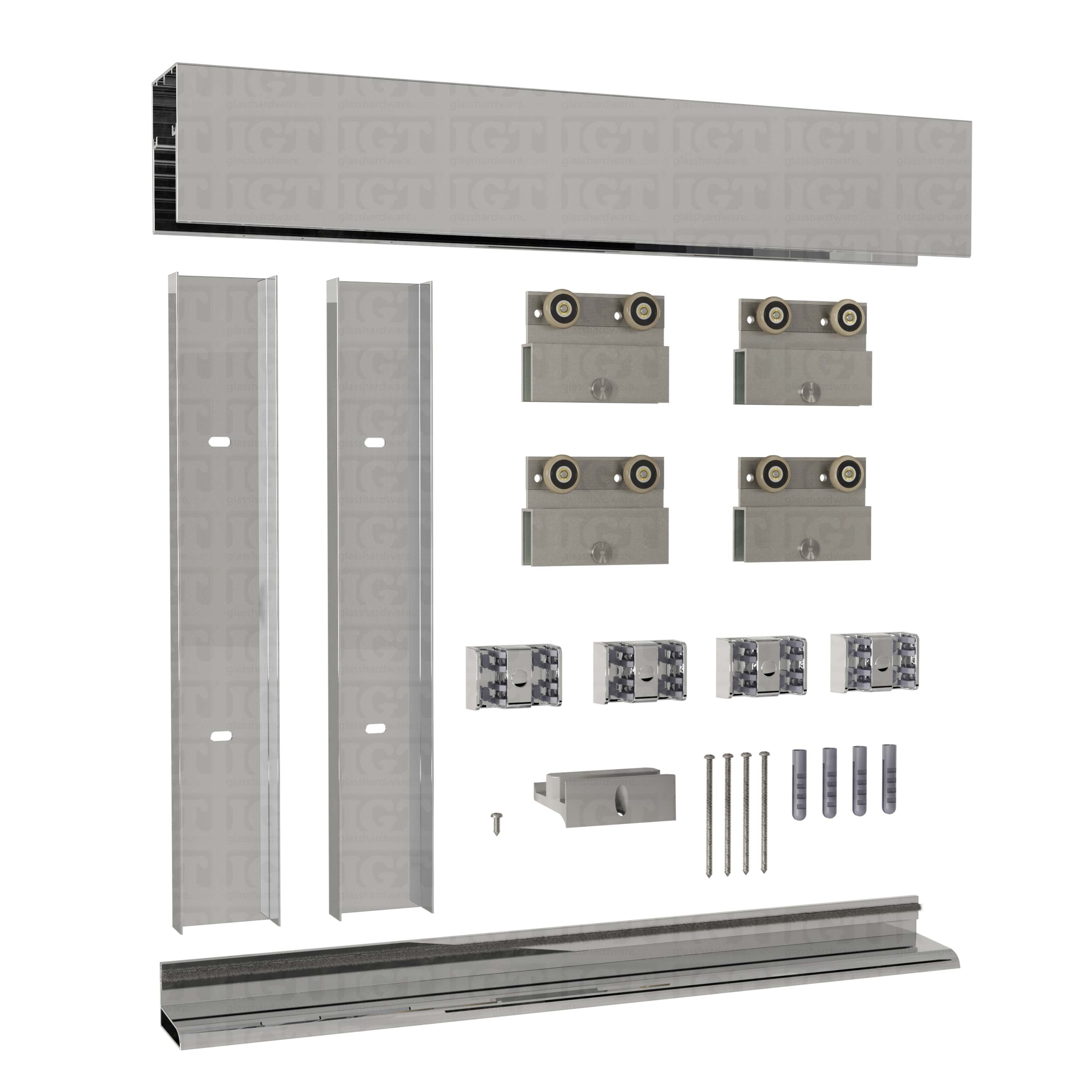 The 72″ W x 80″ H Bypass System in Chrome Polished.