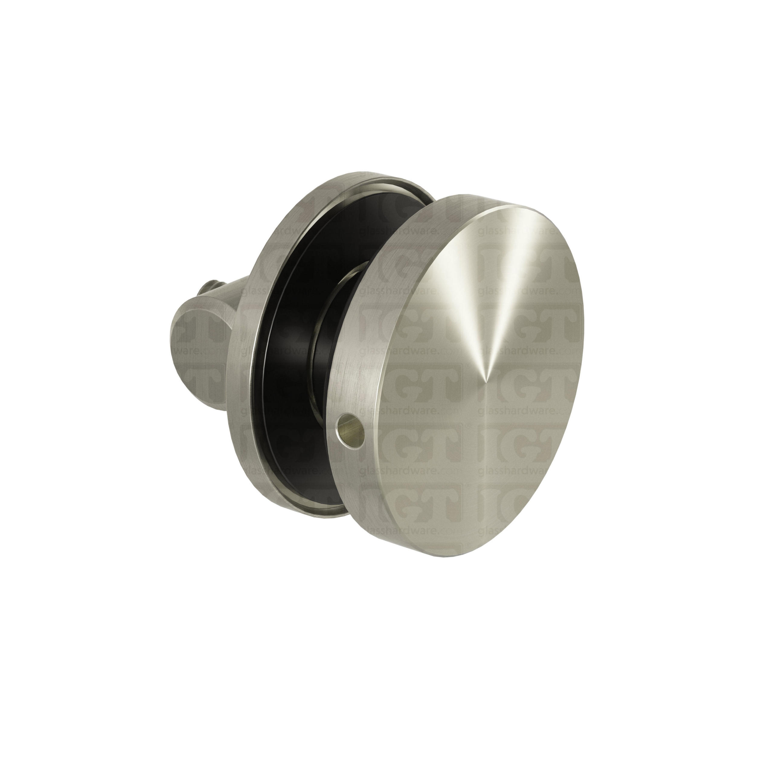 The Glass-to-Track Connector for 38IGT Roller System in Brushed Stainless.