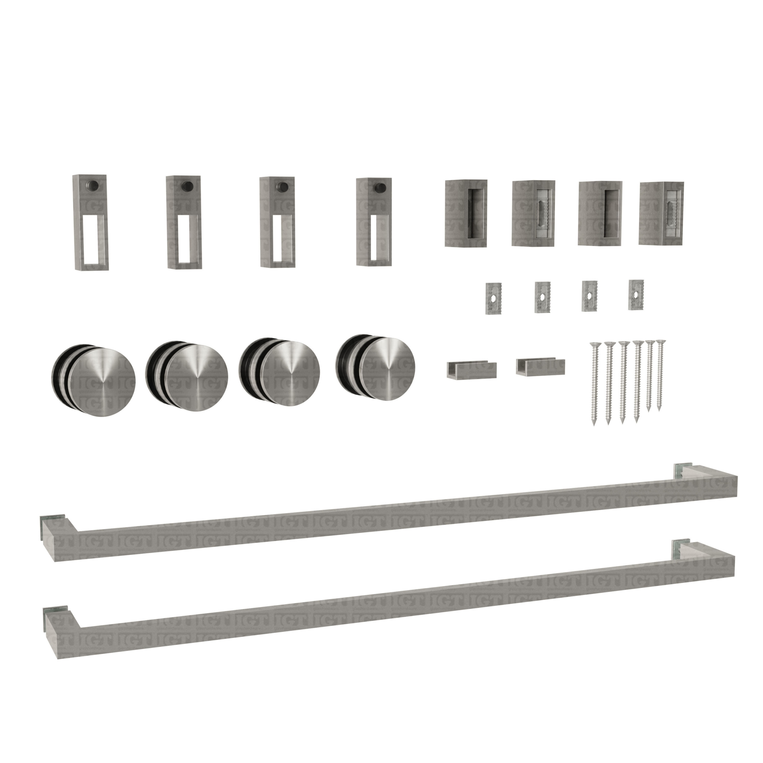 An image of the Twin System's different components in a white background. Brushed Stainless.