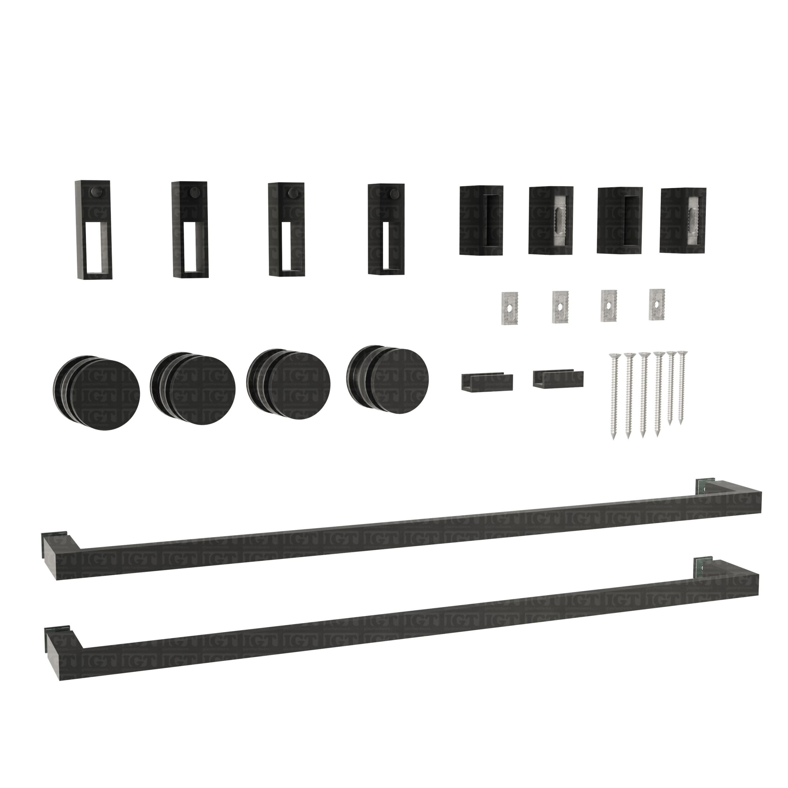 An image of the Twin System's different components in a white background. Matte Black