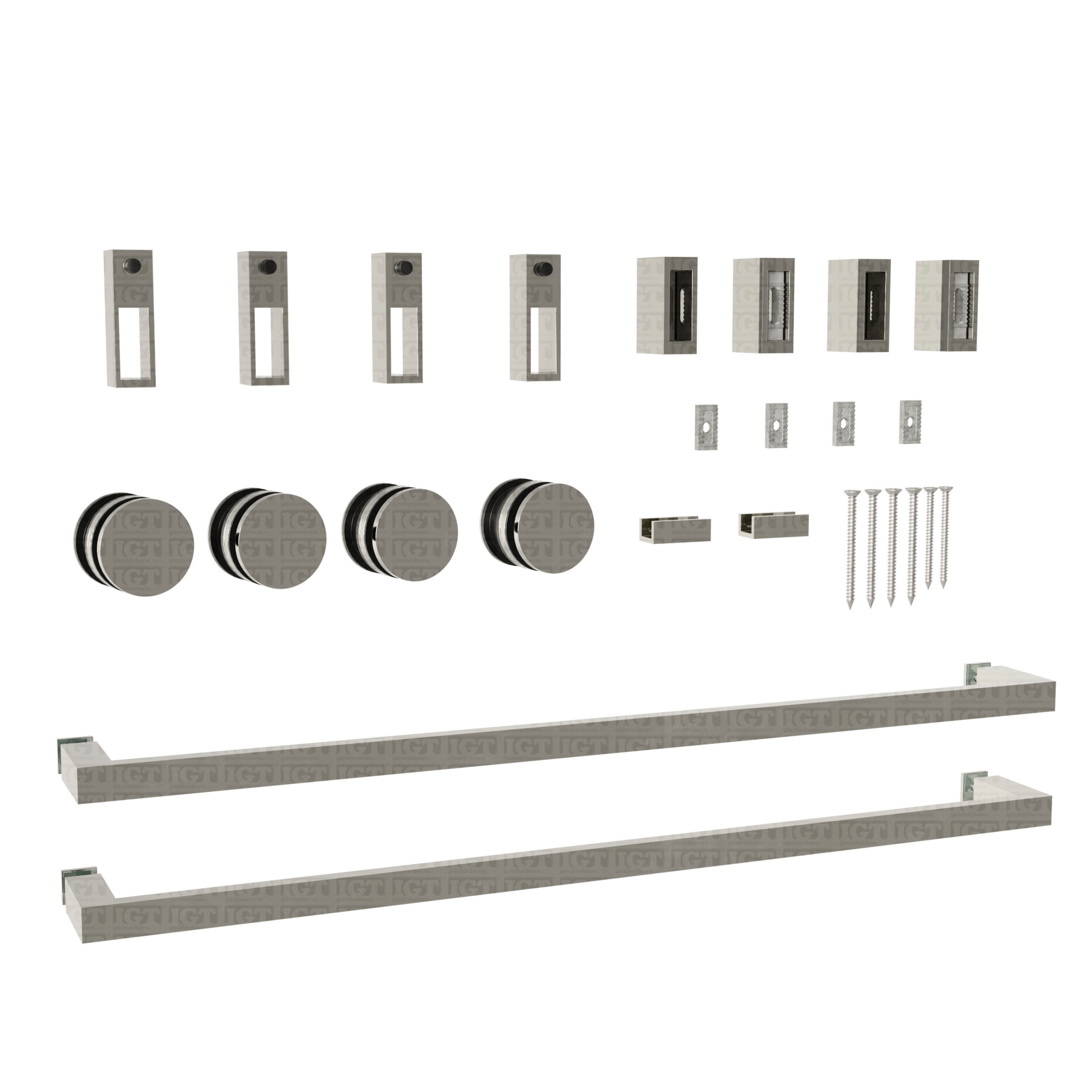 An image of the Twin System's different components in a white background. Polished Stainless