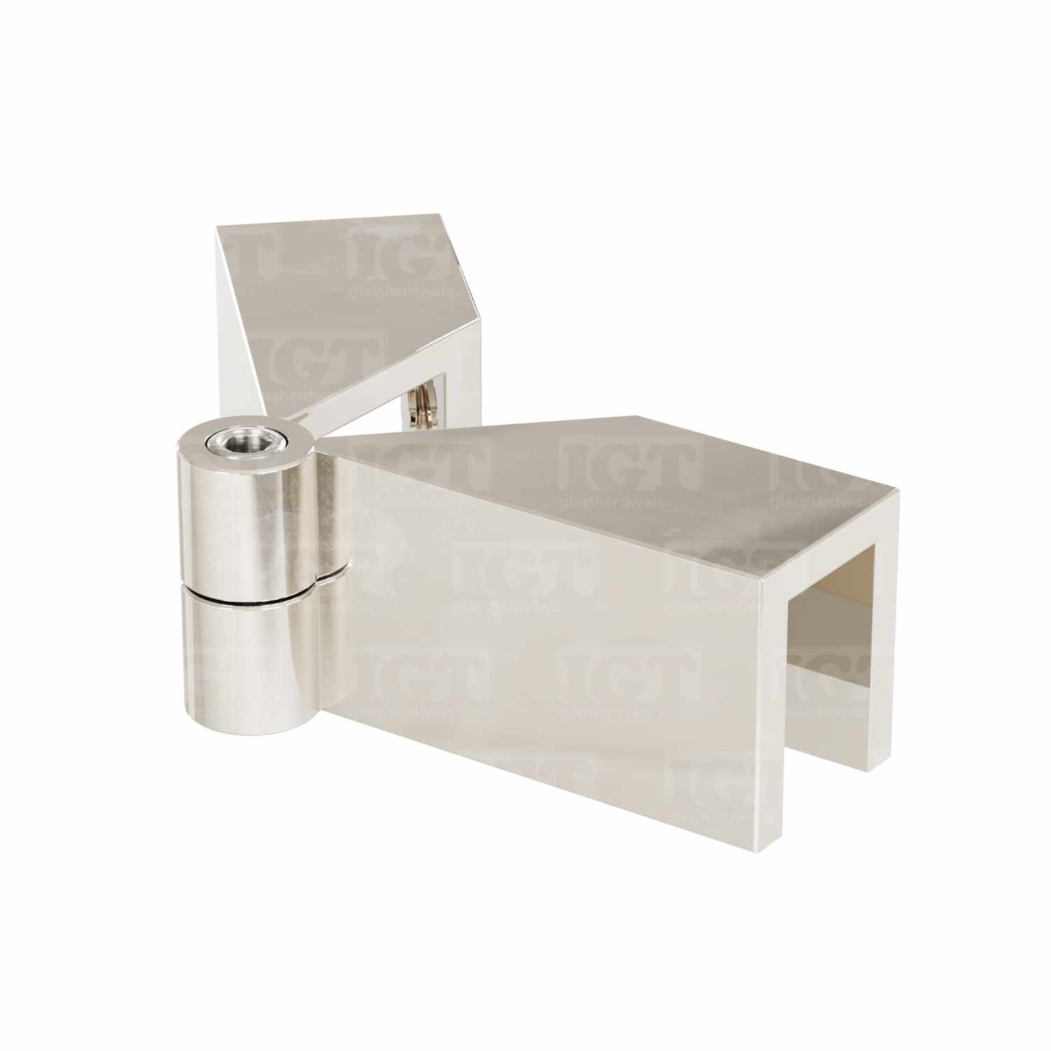 The Glass-to-Glass Adjustable Sleeve Over Clamp in Polished Nickel.