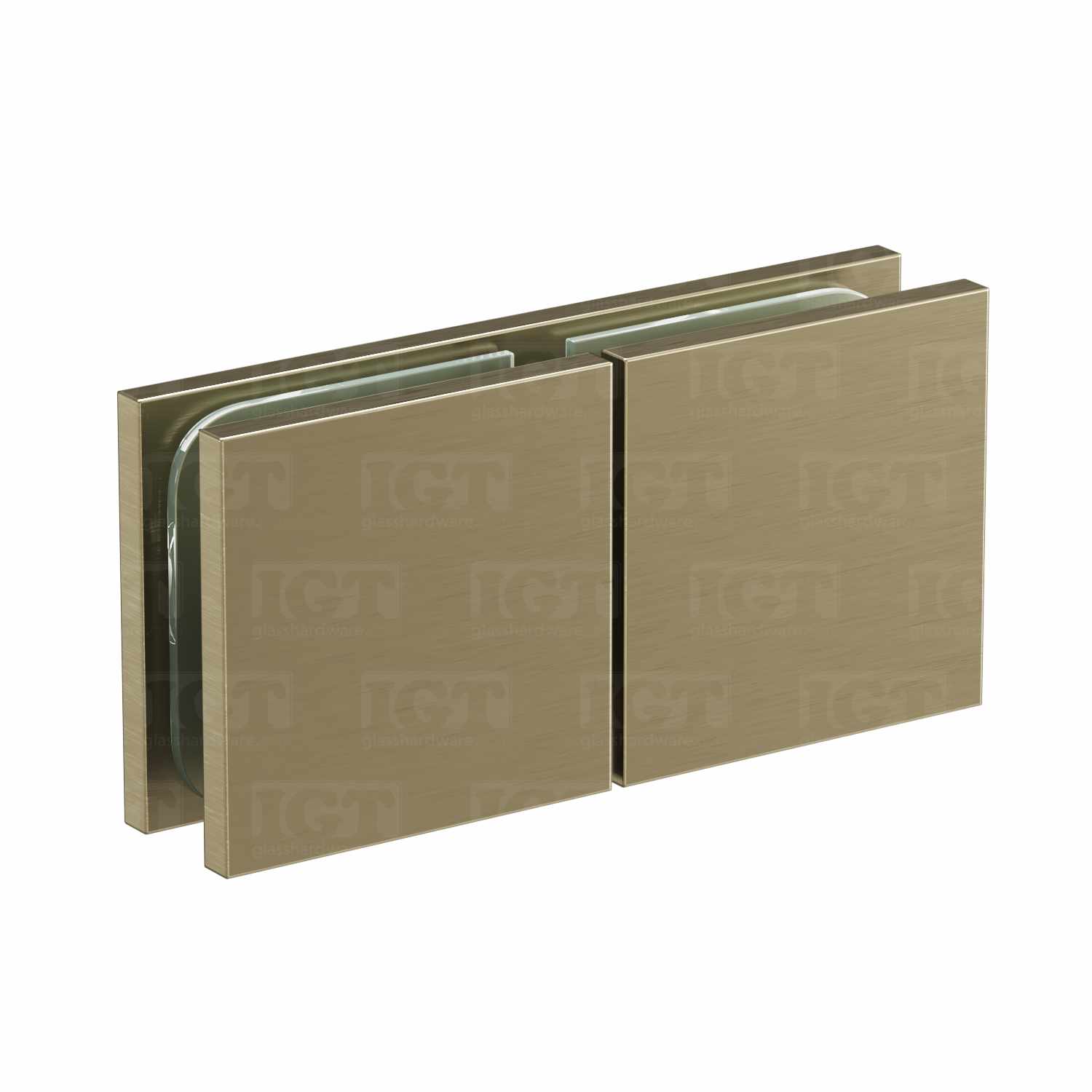 The Glass-to-Glass 180 Degree Square Edge Clamp (Split Face) in Brushed Bronze.