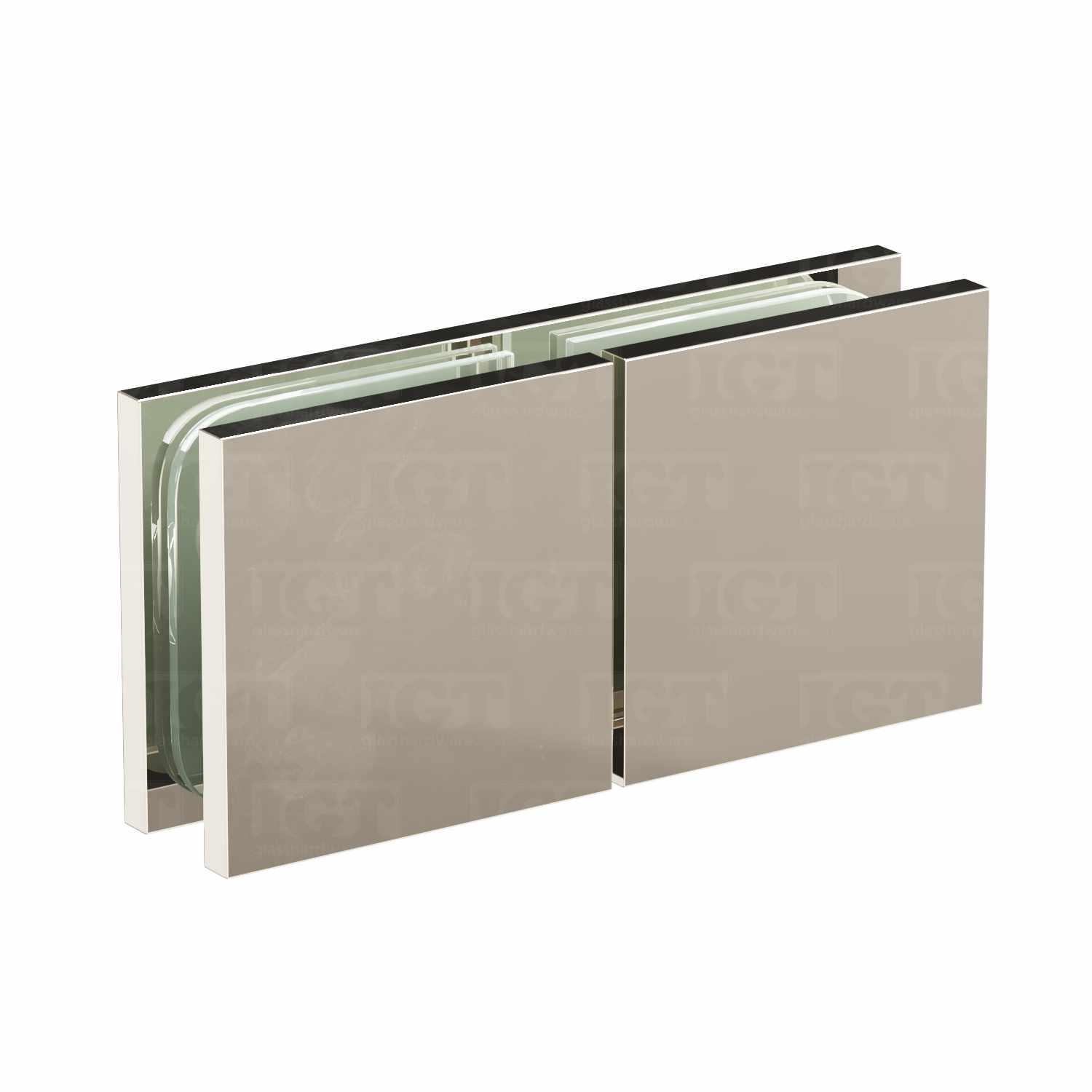 The Glass-to-Glass 180 Degree Square Edge Clamp (Split Face) in Polished Nickel.