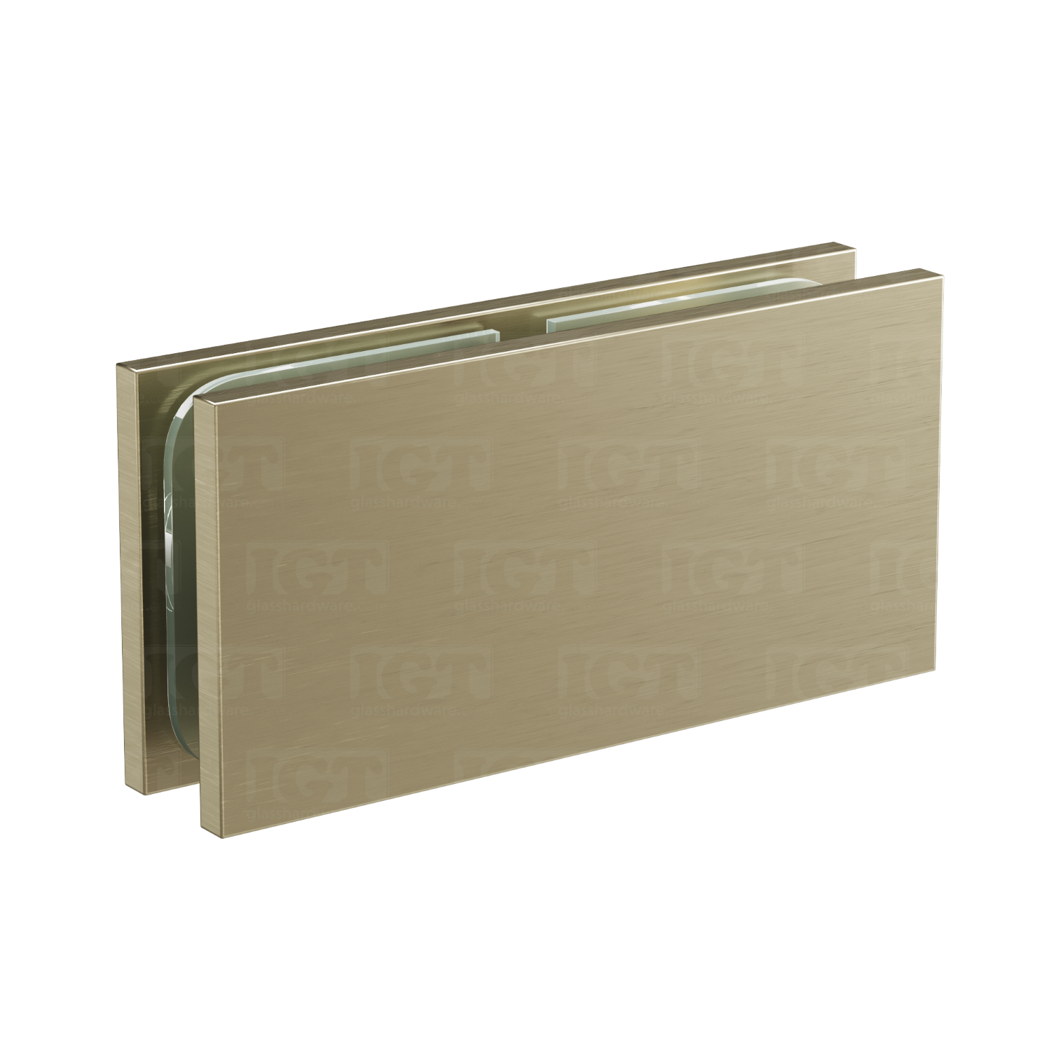 The Glass-to-Glass 180 Degree Square Edge Clamp (Full Plates) in Brushed Bronze.