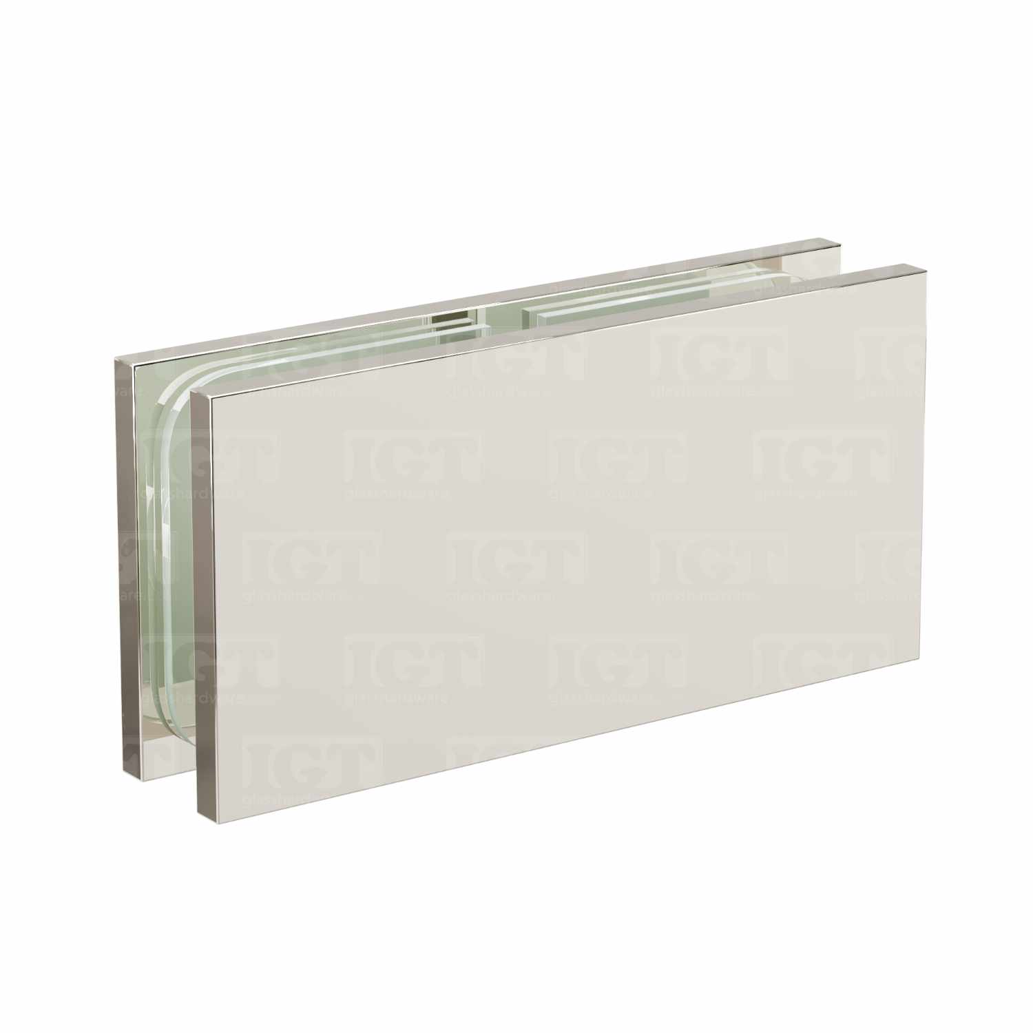 The Square 180 Degree Glass-to-Glass Clamp (Full Plates) in Polished Nickel.