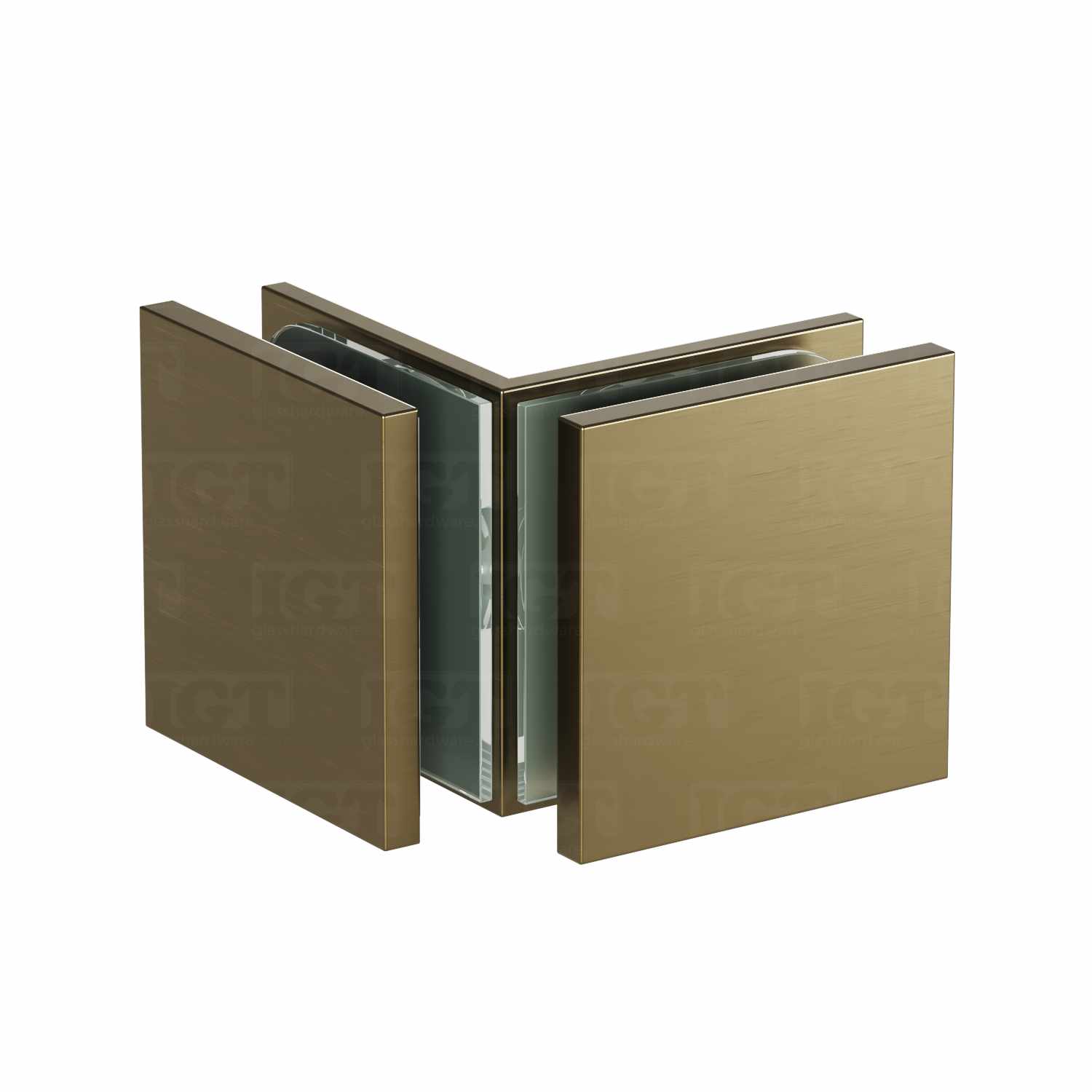 The Glass-to-Glass 90 Degree Square Edge Clamp in Brushed Bronze.