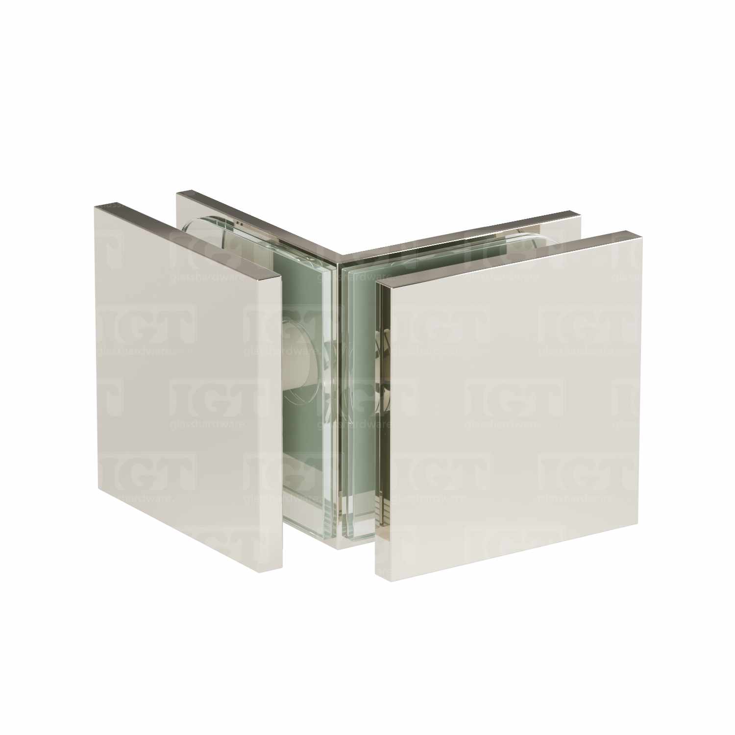 The Glass-to-Glass 90 Degree Square Edge Clamp in Polished Nickel.
