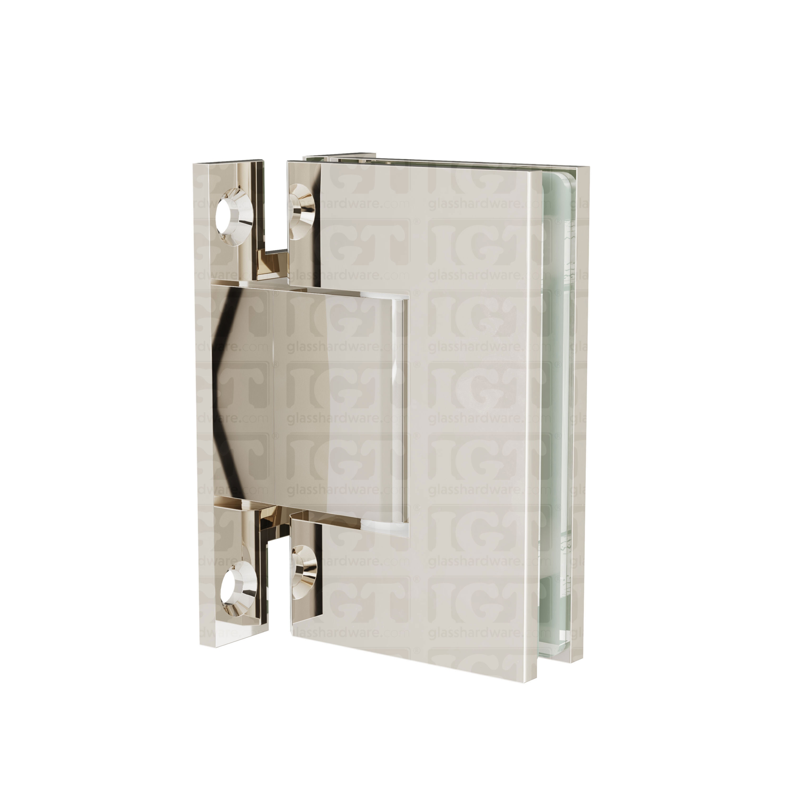 The Wall-to-Glass “H” Back Malibu Hinge in Polished Nickel.
