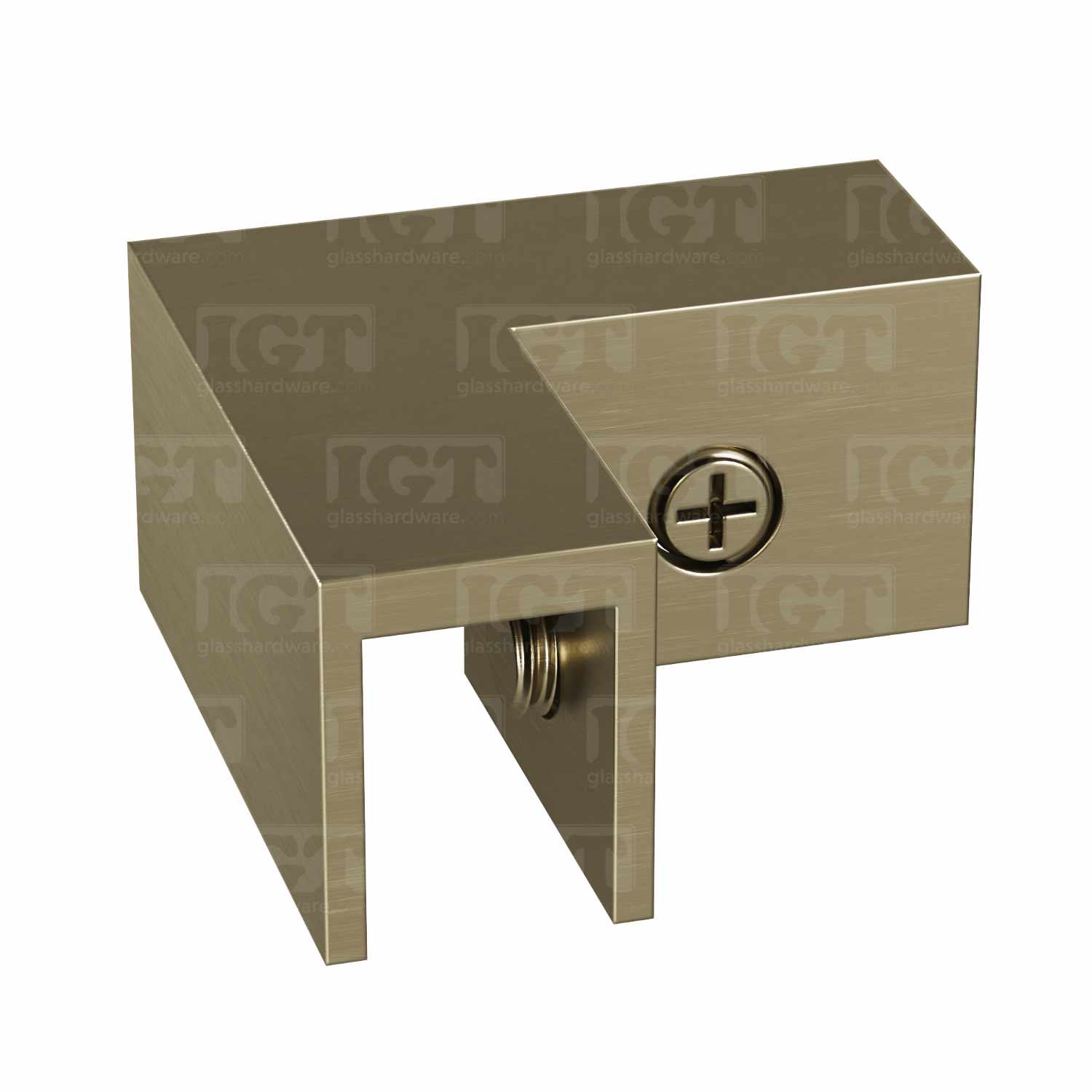 The Glass-to-Glass 90 Degree Sleeve Over Clamp in Brushed Bronze over a white backdrop.