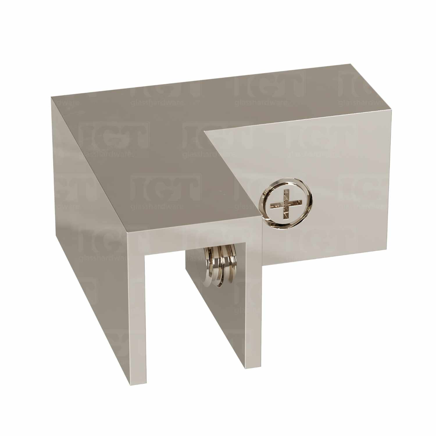 The Glass-to-Glass 90 Degree Sleeve Over Clamp in Polished Nickel over a white backdrop.