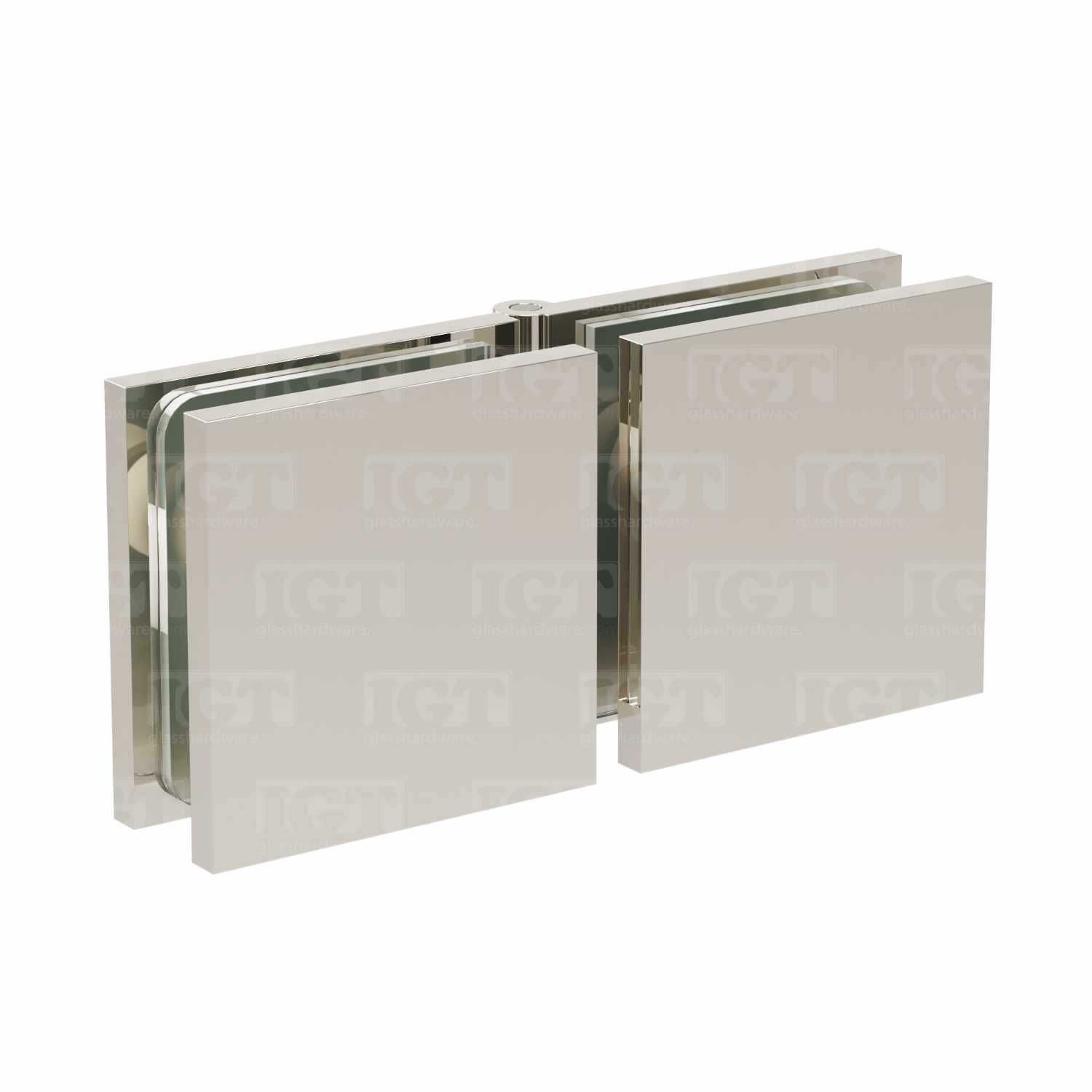 The Glass-to-Glass Adjustable Square Edge Clamp in Polished Nickel.