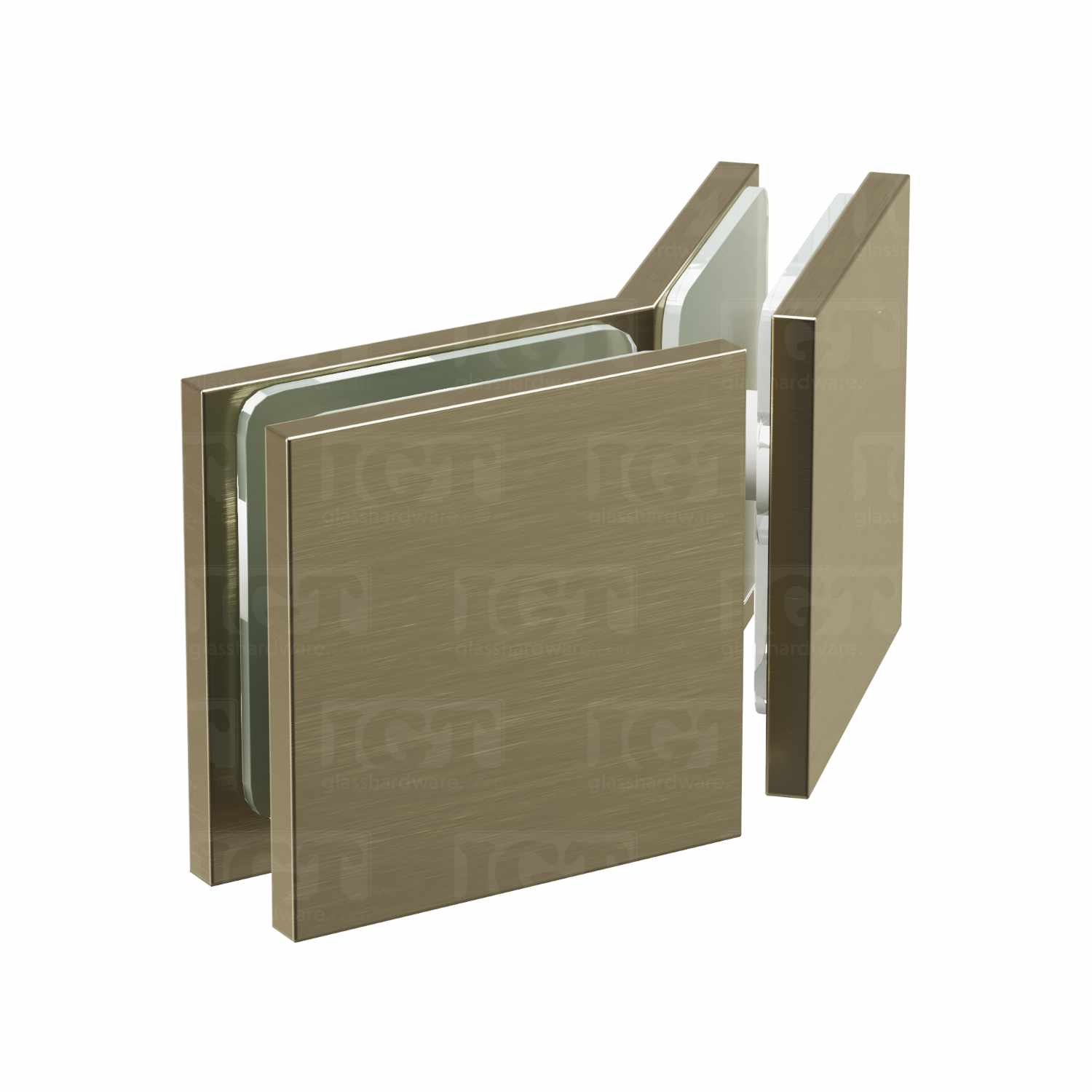 The Glass-to-Glass 135 Degree Square Edge Clamp in Brushed Bronze.