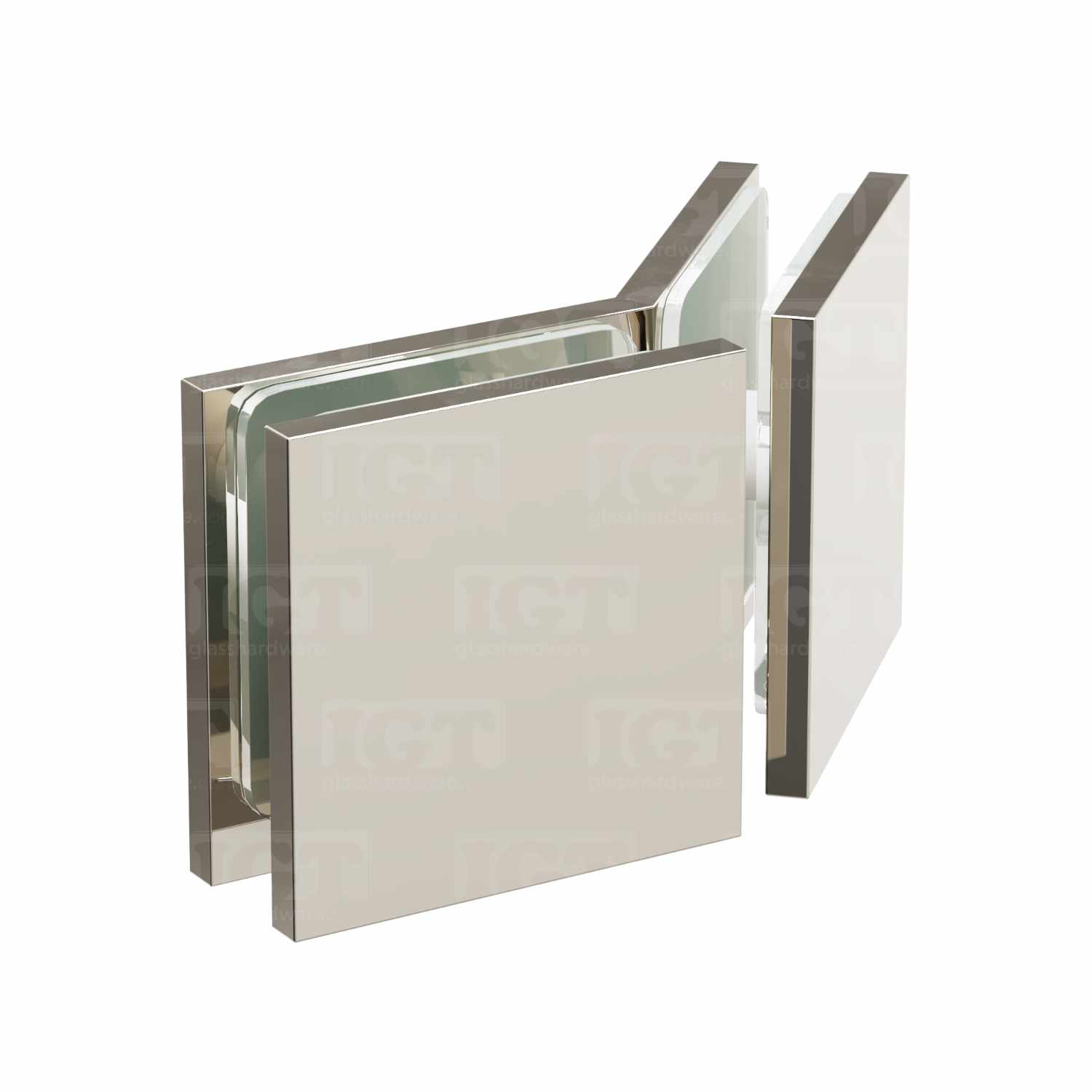 The Glass-to-Glass 135 Degree Square Edge Clamp in Polished Nickel.