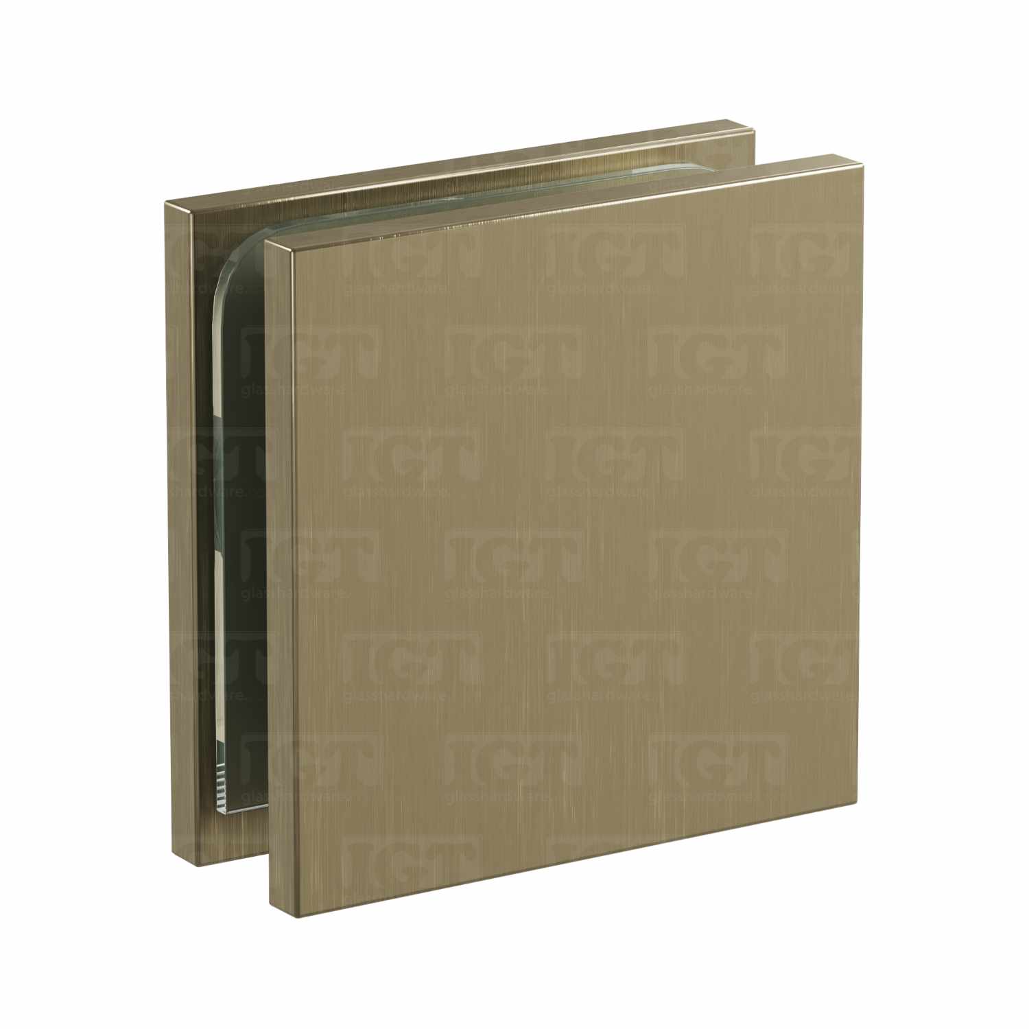 The Oversized Wall-to-Glass Square Edge Clamp in Brushed Bronze.
