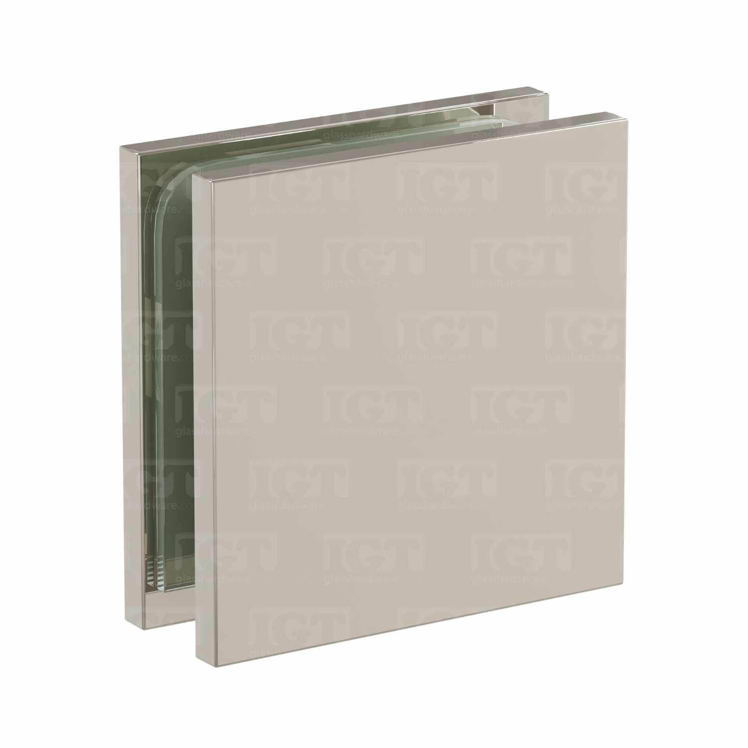 The Oversized Wall-to-Glass Square Edge Clamp in Polished Nickel.