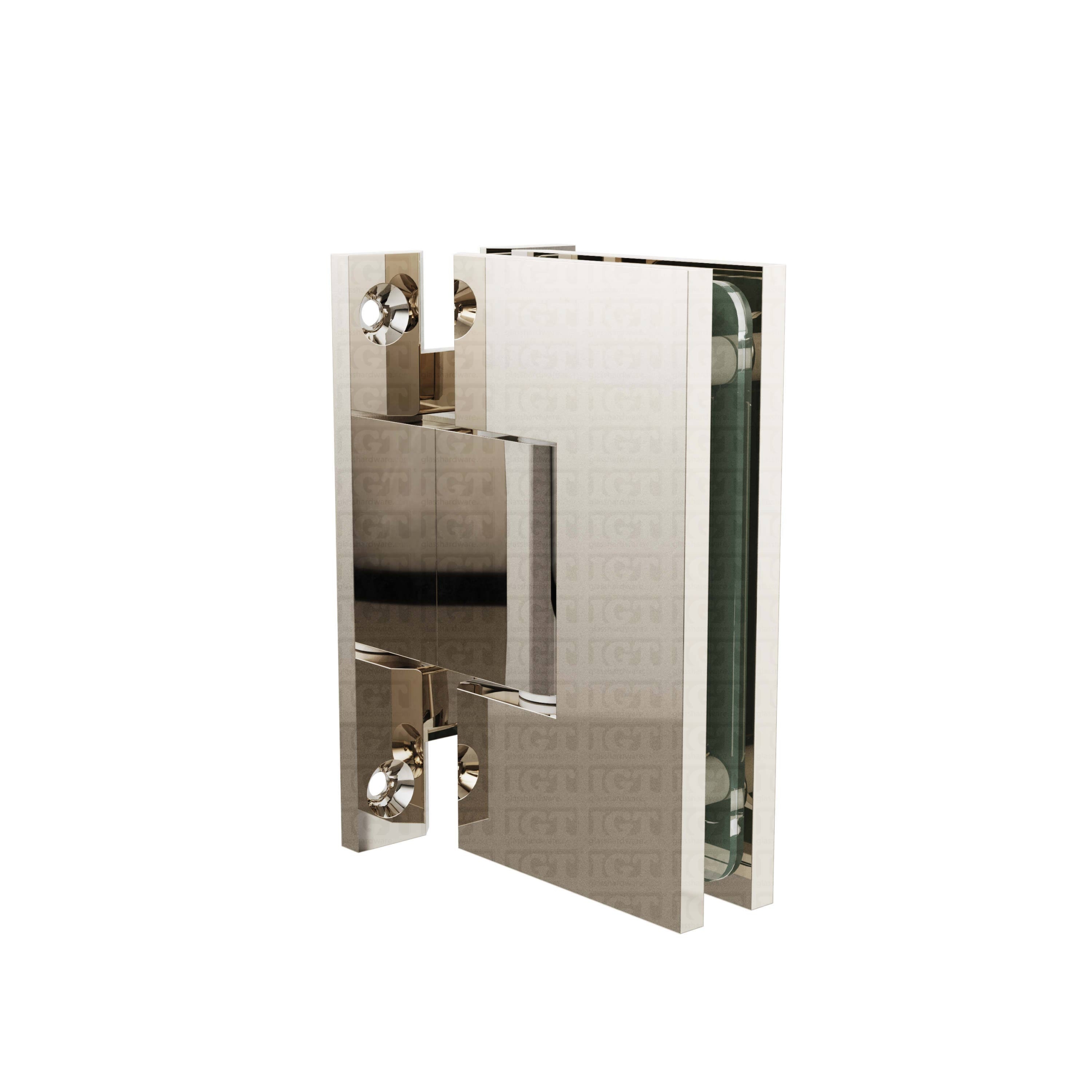 The Heavy Duty Wall-to-Glass “H” Back Hinge in Polished Nickel over a white backdrop.