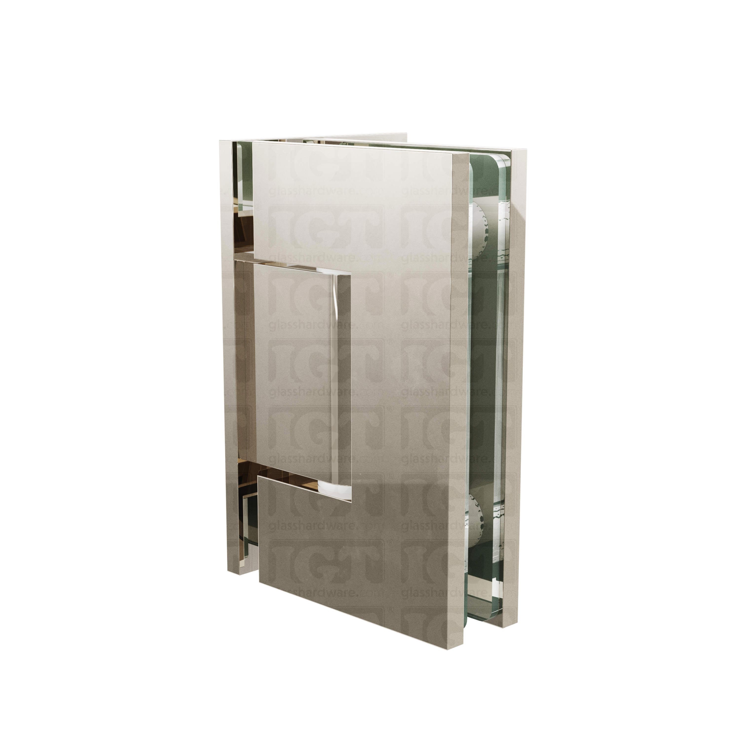 The Wall-to-Glass Offset Back Malibu Hinge in Polished Nickel over a white backdrop.