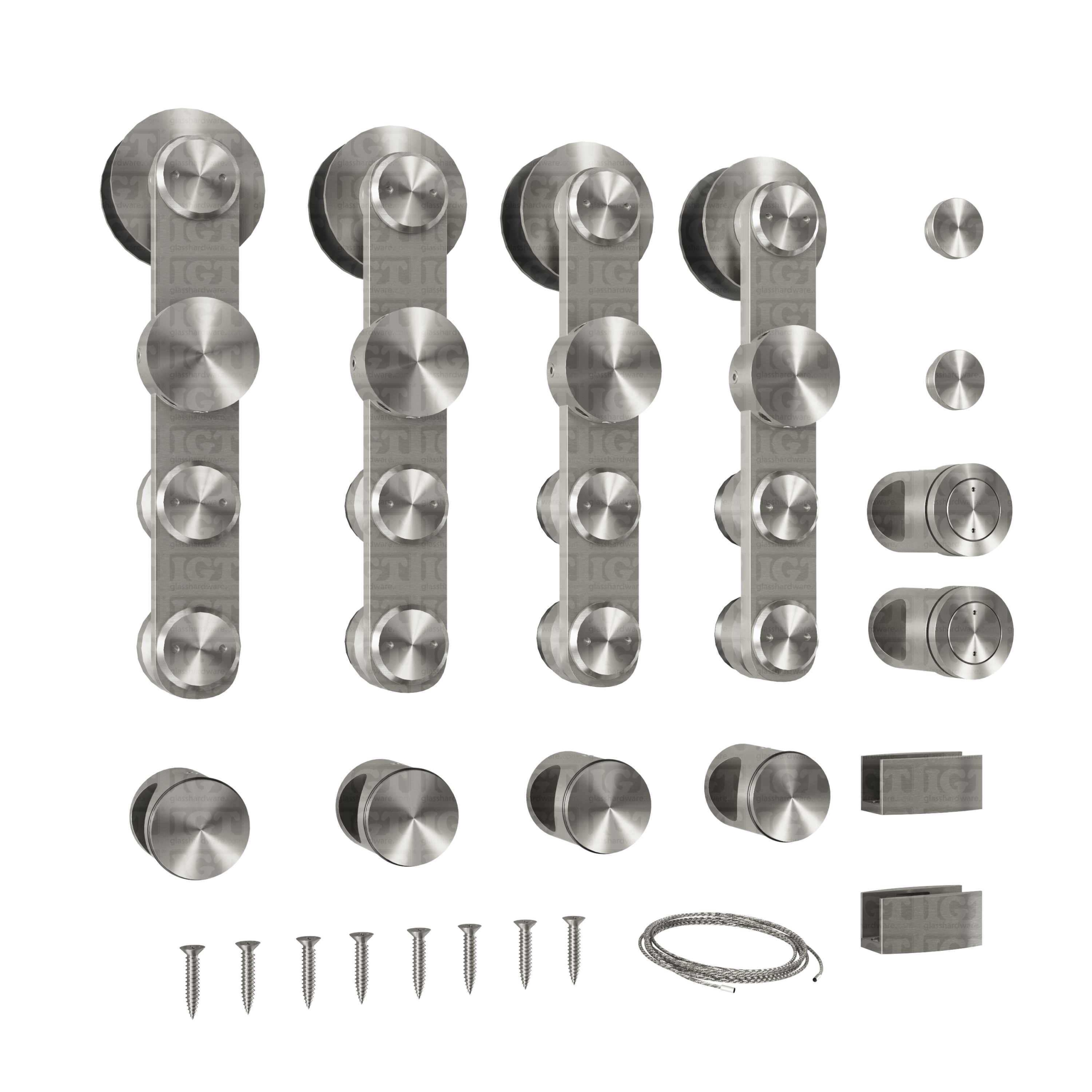 The IGT Semi-Automatic Barn Door System and its various components in Brushed Stainless finish.
